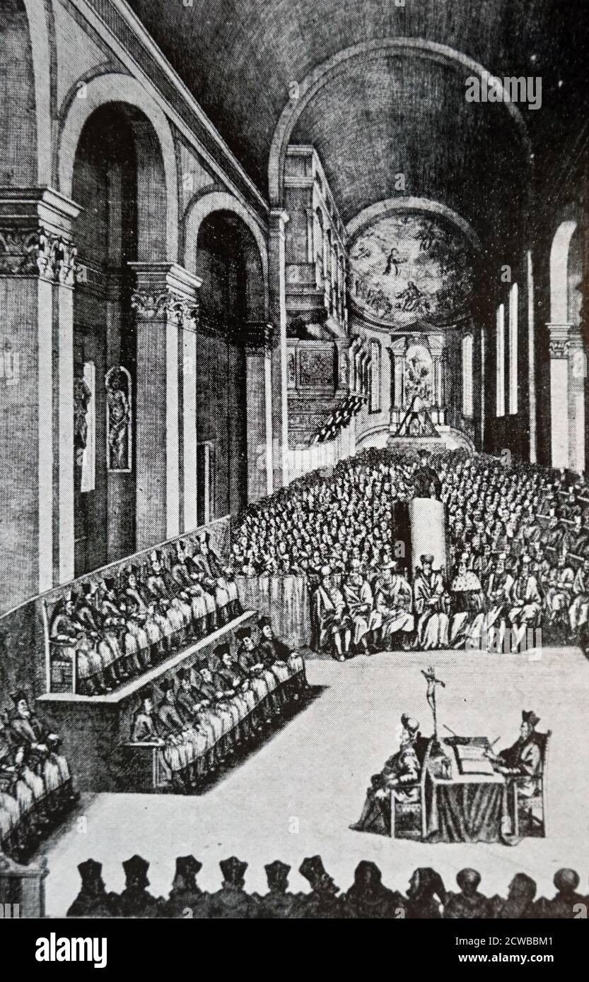 Il Concilio di Trento (Concilium Tridentinum), tenutosi tra il 1545 e il 1563 a Trento nel nord Italia, è stato il diciannovesimo consiglio ecumenico della Chiesa cattolica. Sollecitato dalla riforma protestante, è stato descritto come l'incarnazione della Controriforma. Foto Stock