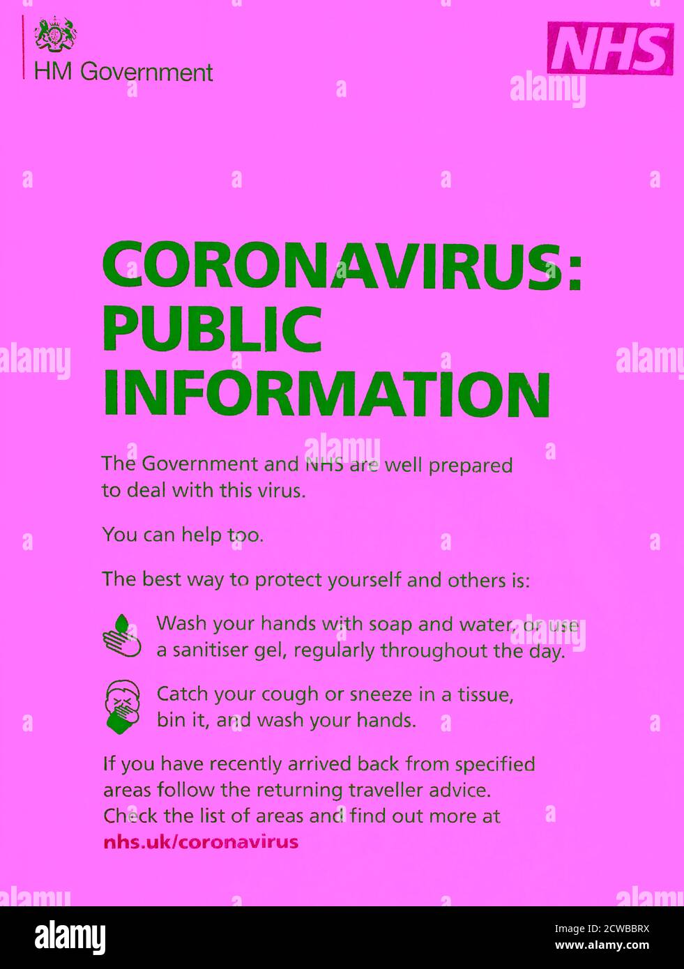 Linee guida del British National Health Service (NHS) sui sintomi di Corona Virus. Marzo 2020 Foto Stock
