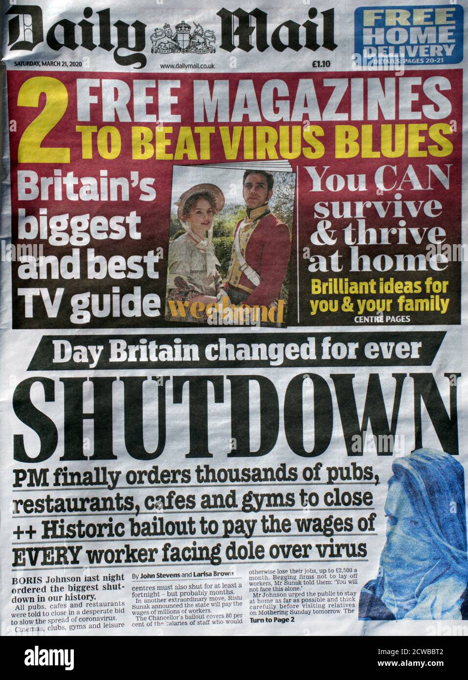 Titolo della prima pagina che segue il blocco del Regno Unito dovuto a. Corona Virus Marzo 2020 Foto Stock