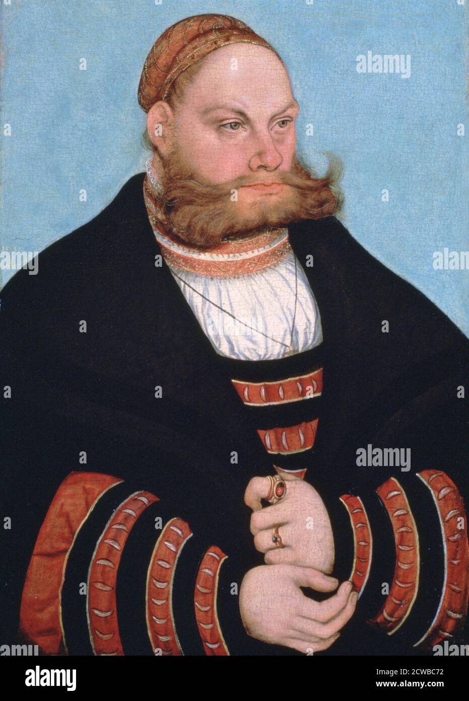 Dipinto di Lucas Cranach il Vecchio intitolato 'Ritratto di un uomo con un cappello ricamato in oro', 1532. Parte della collezione del Metropolitan Museum of Art di New York. Foto Stock