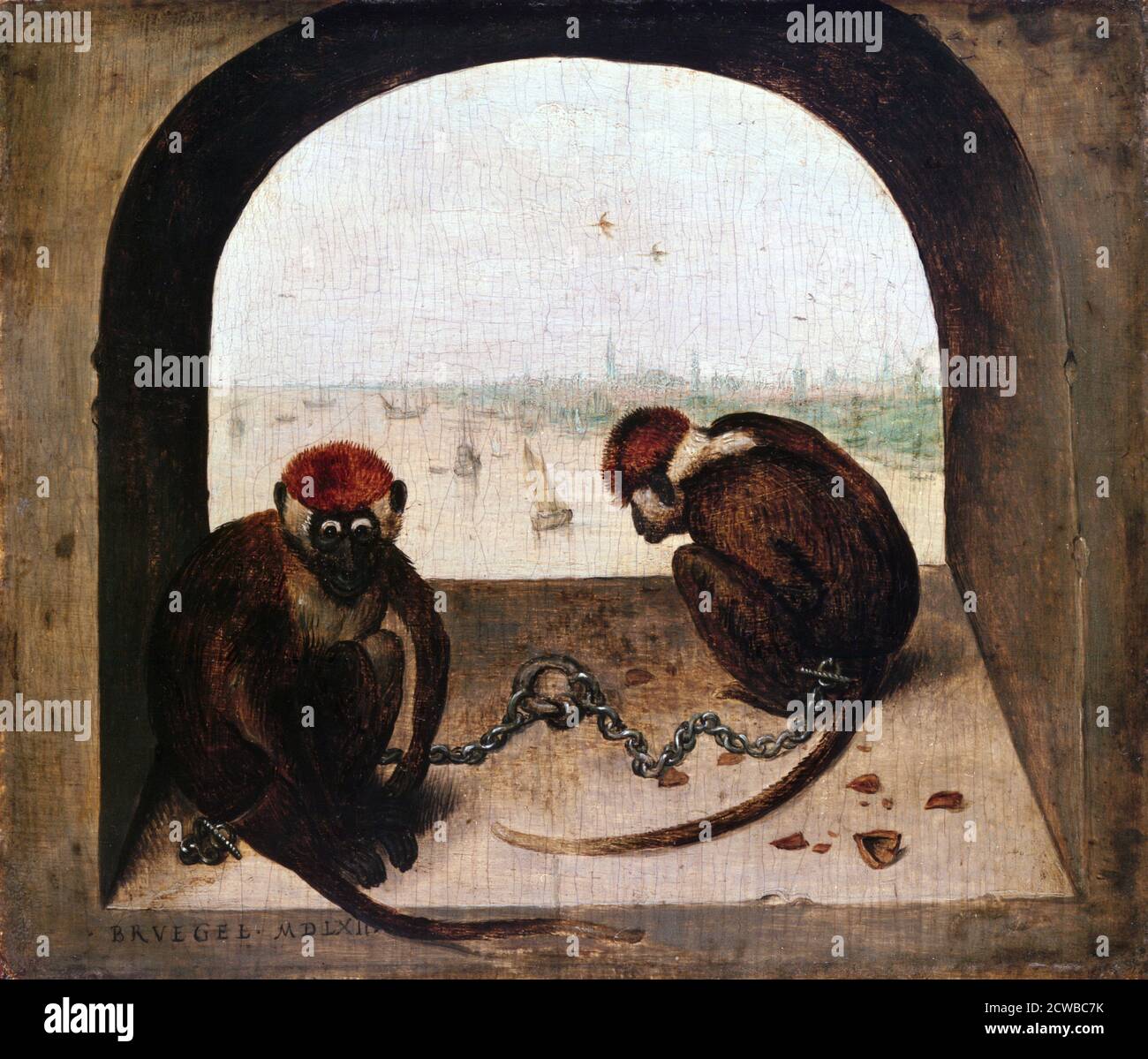 Dipinto di Pieter Bruegel il Vecchio intitolato 'due scimmie', 1562. Dalla collezione della Gemaldegalerie, Berlino. Foto Stock