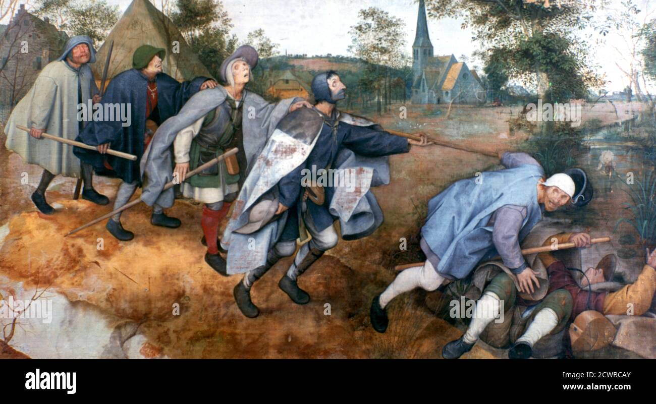 La parabola dei ciechi, 1568, di Pieter Bruegel il Vecchio. Le parole di Cristo sulla cecità interiore della gente alla vera religione: Sono guide cieche, e se un uomo cieco guida un altro cadranno entrambi nel fosso. Foto Stock