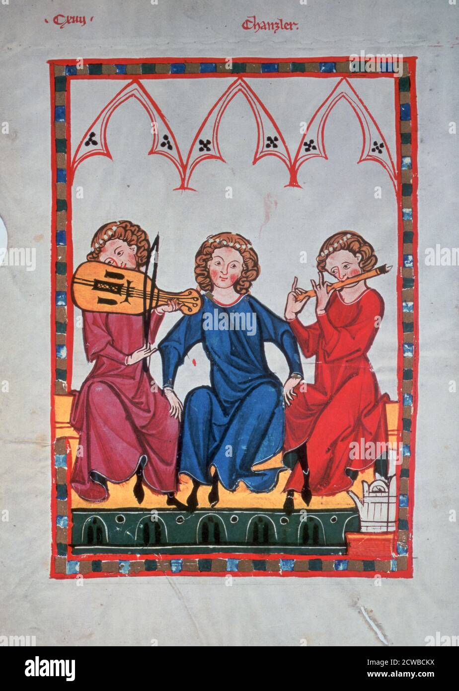Musicisti, 1304-1340. Illustrazione del Codice di Manesse o della Grosse Heidelberger Liederhandschrift, Biblioteca dell'Università di Heidelberg. L'artista è sconosciuto. Foto Stock