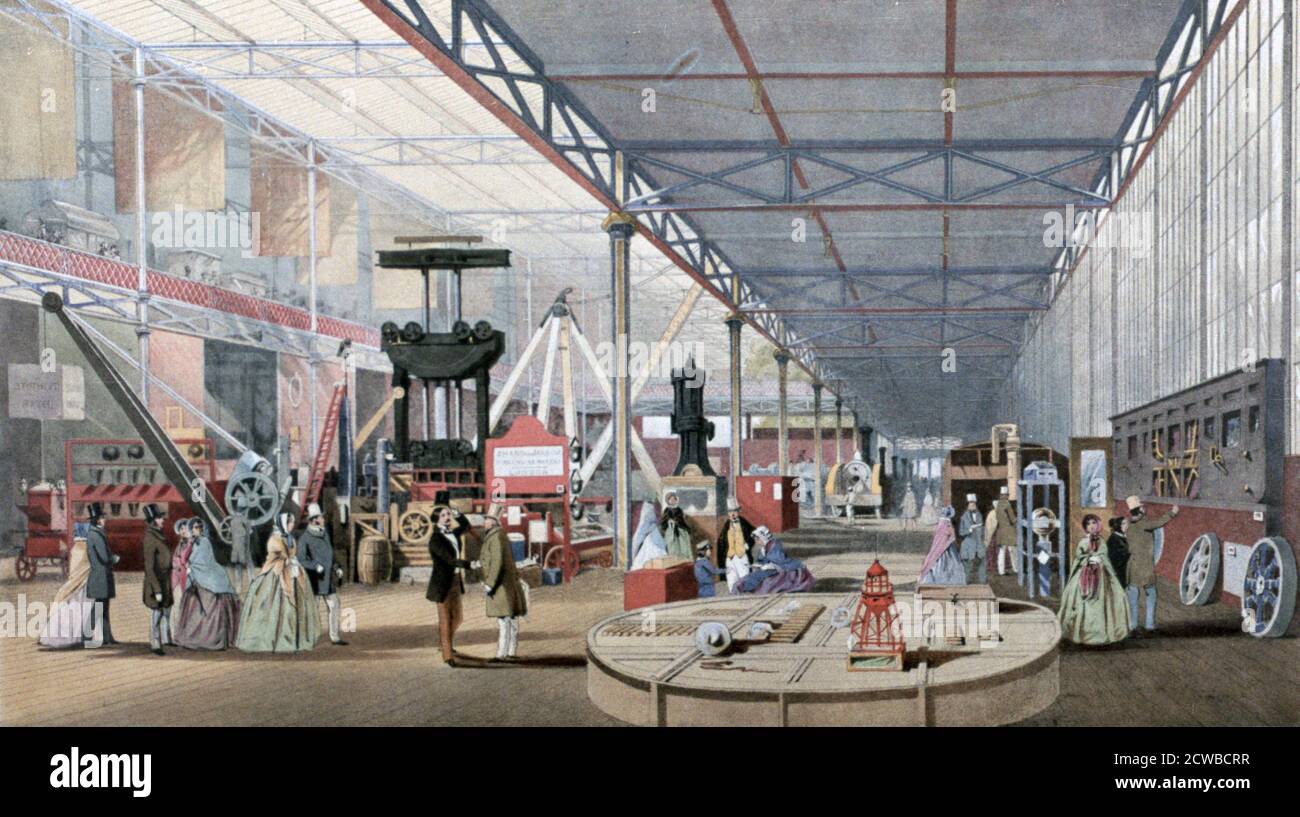 Machinery Hall, Crystal Palace Exhibition, Londra, 1851. Concepita dal Principe Alberto, la Grande esposizione ha presentato le "opere dell'industria di tutte le nazioni". E' stato ospitato nello specifico Crystal Palace, la prima struttura prefabbricata su larga scala in ferro e vetro, progettata dal giardiniere e dall'architetto Joseph Paxton. La progettazione prefabbricata ha reso la costruzione, e successivamente lo smantellamento dell'edificio, più facile e veloce. L'artista è sconosciuto. Foto Stock