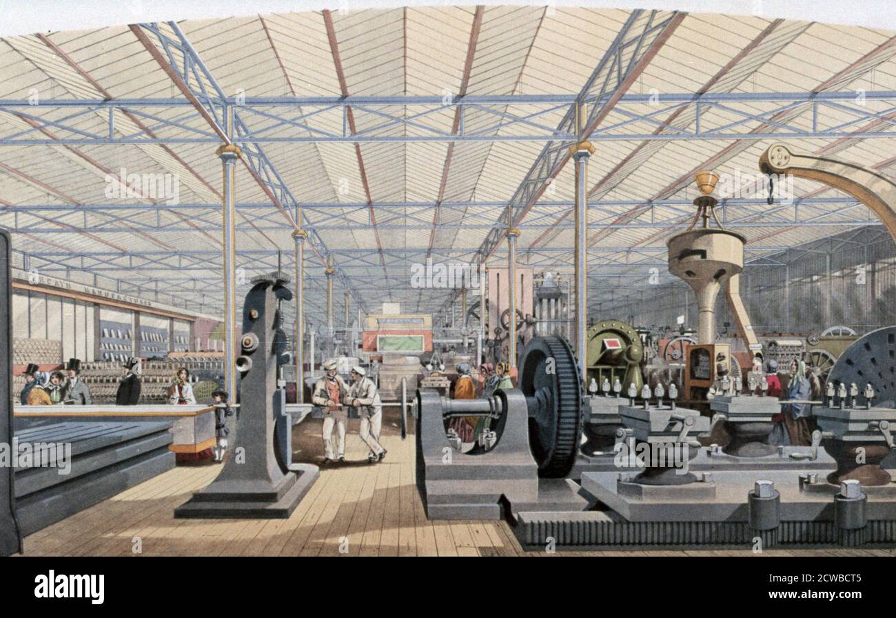 Machinery Hall, Crystal Palace Exhibition, Londra, 1851. Concepita dal Principe Alberto, la Grande esposizione ha presentato le "opere dell'industria di tutte le nazioni". E' stato ospitato nello specifico Crystal Palace, la prima struttura prefabbricata su larga scala in ferro e vetro, progettata dal giardiniere e dall'architetto Joseph Paxton. La progettazione prefabbricata ha reso la costruzione, e successivamente lo smantellamento dell'edificio, più facile e veloce. L'artista è sconosciuto. Foto Stock