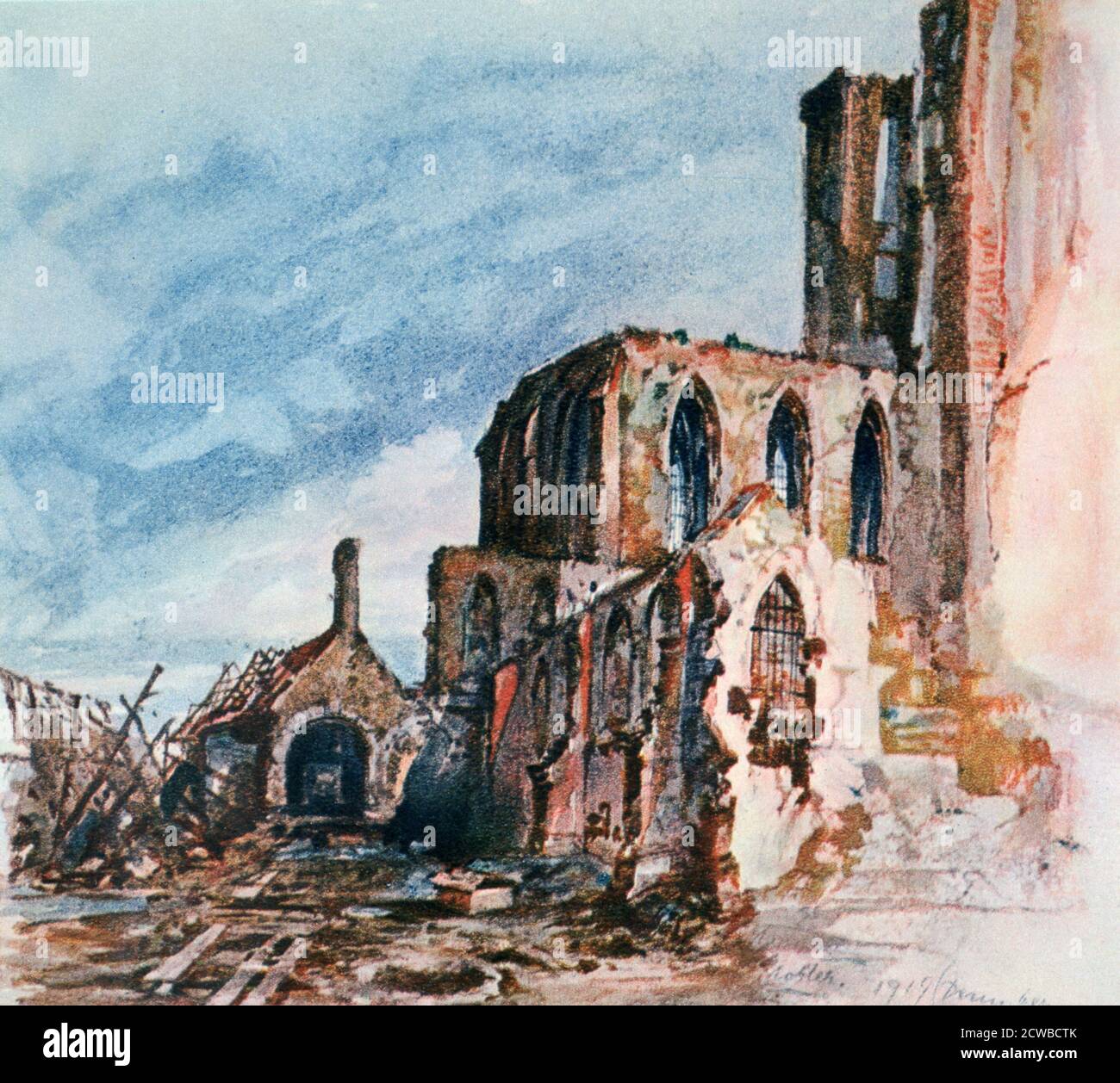 Dipinto di Adolf Hitler intitolato 'rovine dei Chiostri a Messines', 1914. Hitler spesso sosteneva di essere un artista frustrato, e produceva molti dipinti, prevalentemente paesaggi, scene da cartolina e viste urbane, e c'era un mercato considerevole per il suo lavoro durante il terzo Reich. Questo esempio del suo lavoro è stato riprodotto in un libro da tavolo di caffè su Hitler pubblicato durante il terzo Reich, milioni di copie di cui sono stati stampati. Nel 1938 Hitler aveva deciso di vietare le riproduzioni dei suoi dipinti. Foto Stock
