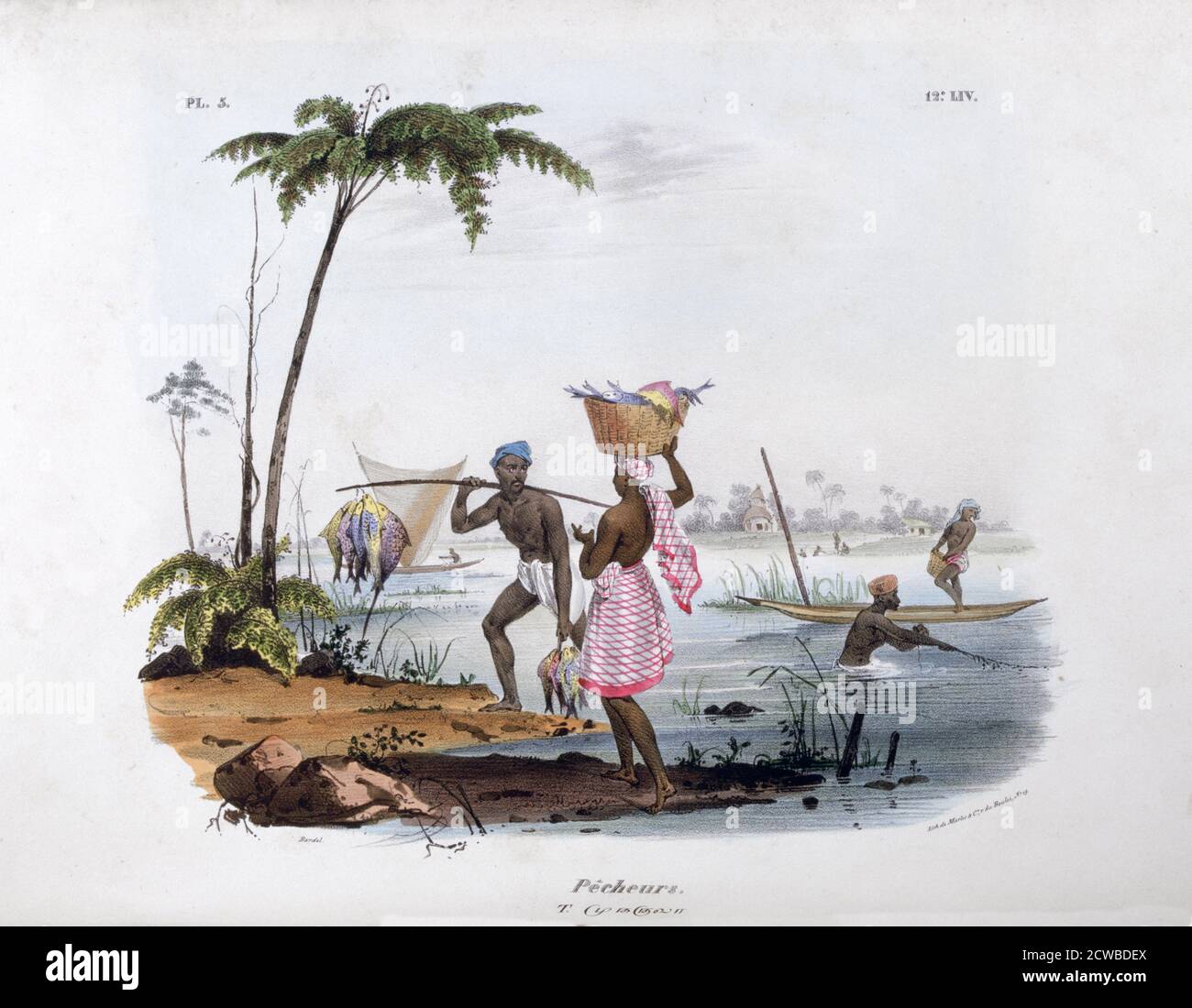 Fisherman', 1828. Una stampa di l'Inde Francaise, 1828. Trovato nella collezione di Jean Claude Carriere. Dell'artista francese Jean Henri Marlet. Foto Stock