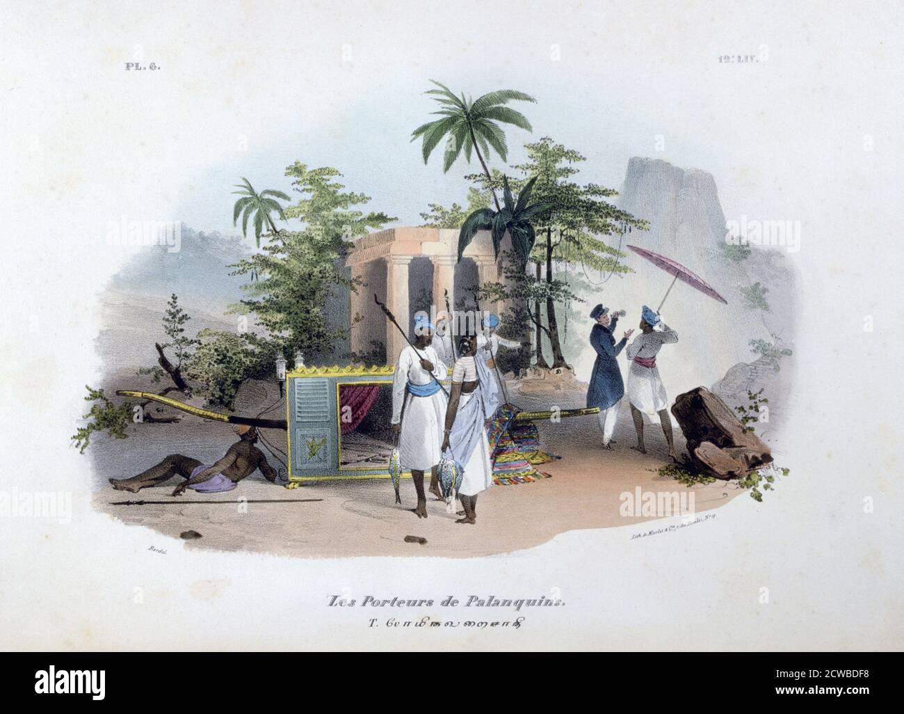 Porteurs de Palanquins', 1828. Una stampa di l'Inde Francaise, 1828. Trovato nella collezione di Jean Claude Carriere. Dell'artista francese Jean Henri Marlet. Foto Stock