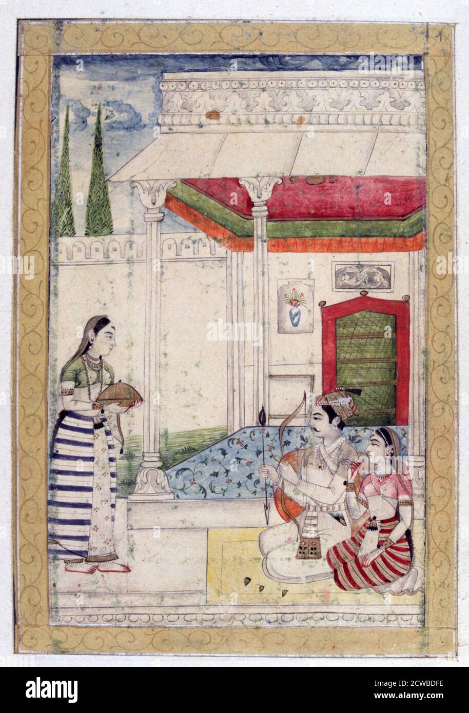 Vibhasa Ragini, Ragamala Album, Scuola di Rajasthan, 19 ° secolo. Un servo porta alcuni amanti rinfreschi, tenendo un arco e freccia, il simbolo di Kama, dio dell'amore. Trovato nella collezione di Jean Claude Carriere. L'artista è sconosciuto. Foto Stock