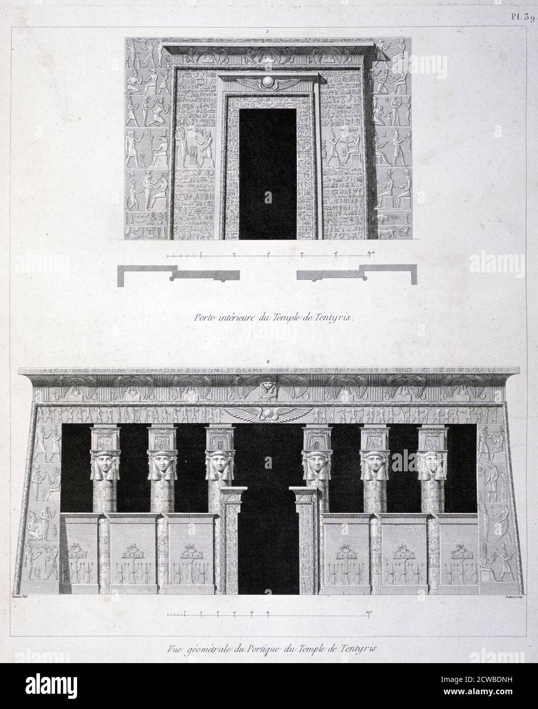Una porta e Gantry al Tempio di Tentyris, 19 ° secolo. Complesso del Tempio di Dendera. L'antico sito di Ta-ynt-netert che significa 'She del Divino pilastro', o Tentyra che è greco per Dendera. Dell'artista francese Vivant Denon. Foto Stock