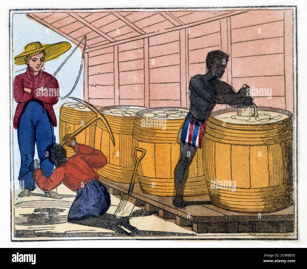 Riempimento e intestazione delle botti 1826, artista: Amelia Alderson Opie. Da 'il Lament dell'uomo nero; o come fare lo zucchero'. (Londra, 1826). Foto Stock