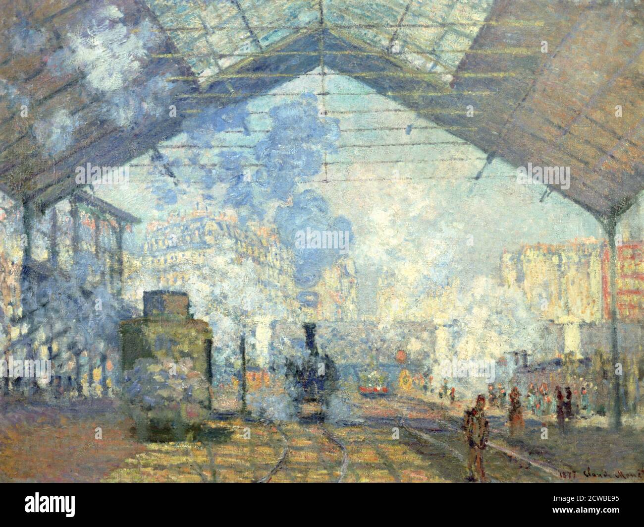 Gare Saint Lazare, Paris', 1877. Artista: Claude Monet. Monet era un pittore francese, un fondatore della pittura impressionista francese e il più coerente e prolifico praticante della filosofia dei movimenti. Foto Stock