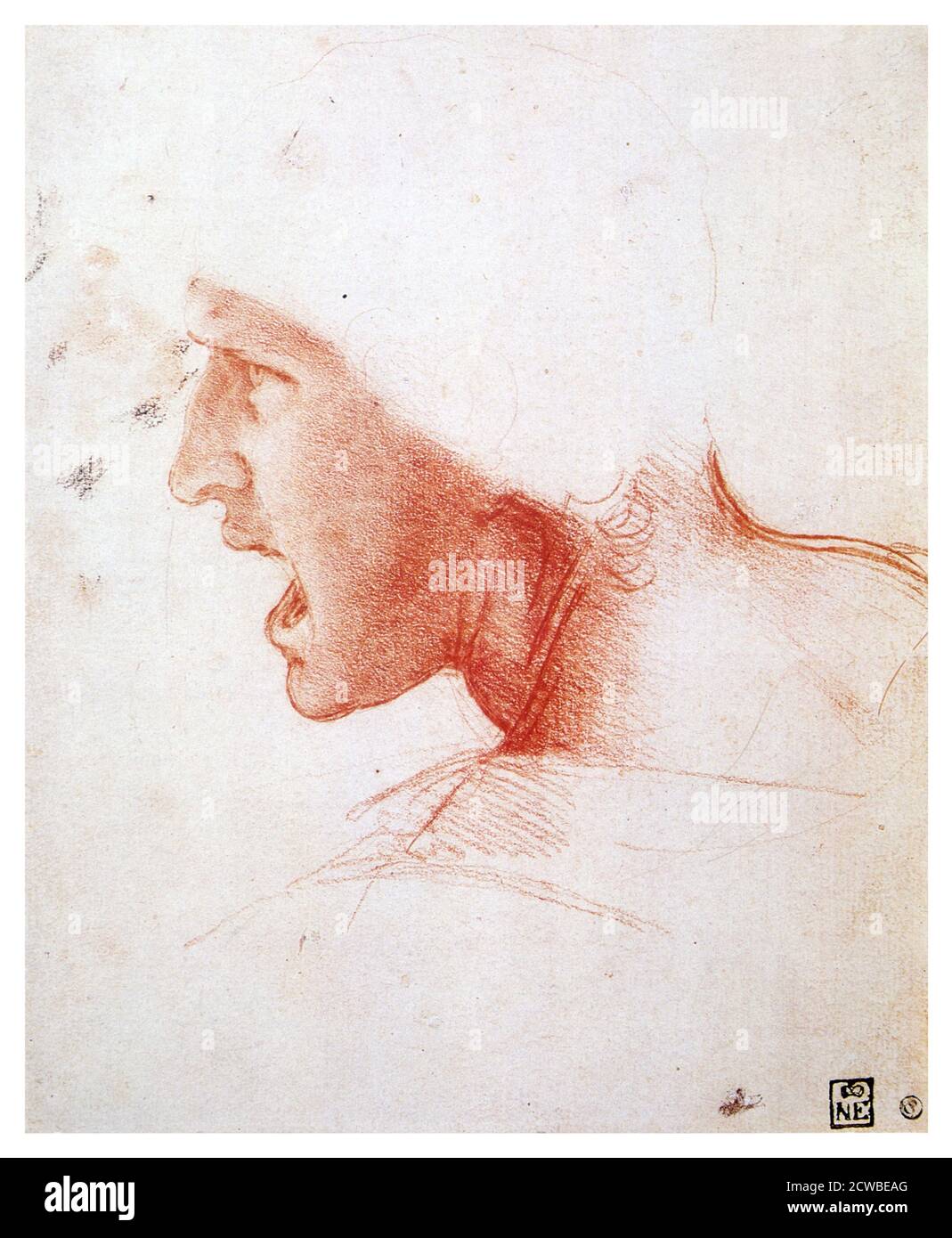 Capo di un uomo che grida di profilo a sinistra', 1503-1504 artista: Leonardo da Vinci. Studio per la 'Battaglia di Anghiari'. Foto Stock