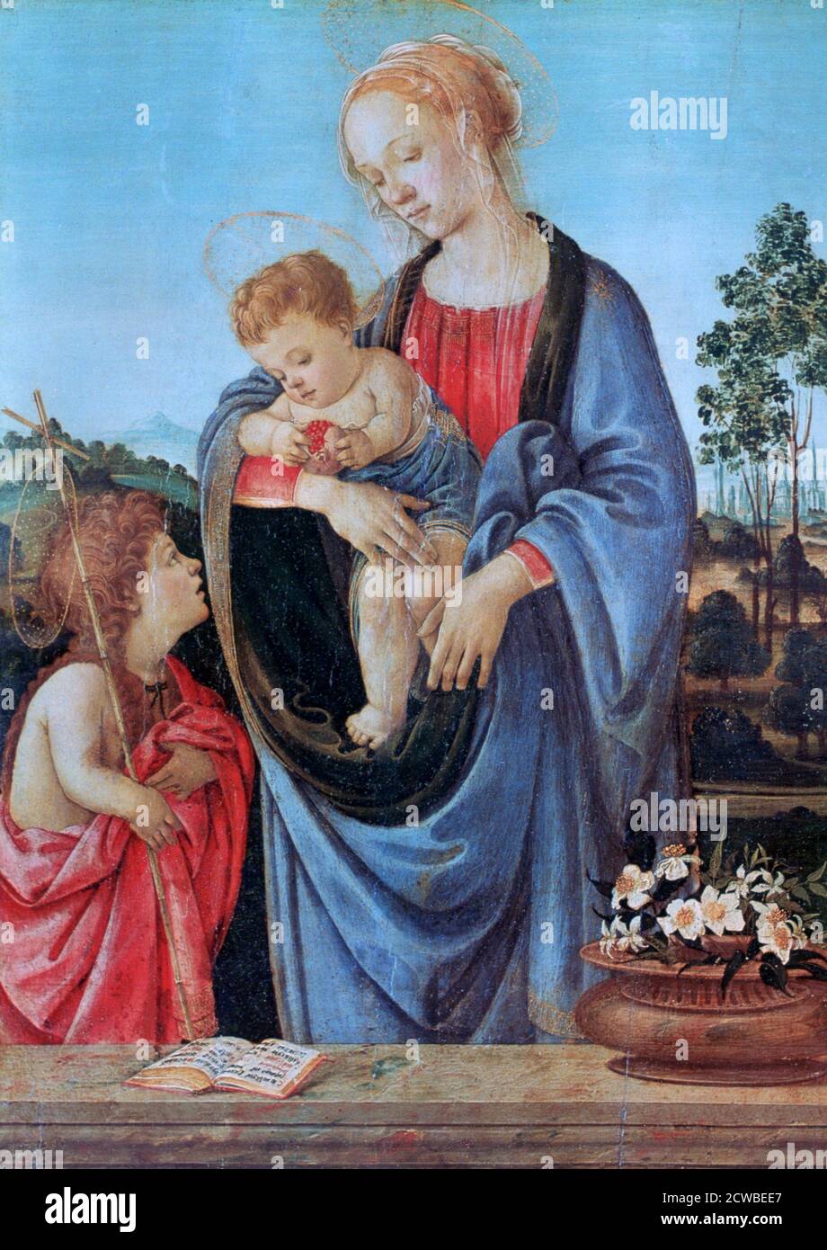 La Vergine col Bambino con San Giovanni, 1480. Artista: Filippino Lippi. Filippino Lippi (1406-1469) fu uno dei pittori rinascimentali più compiuti della fine del XV secolo, Filippino Lippi fu uno dei principali esponenti della tradizione dei grandi cicli di affreschi. Foto Stock
