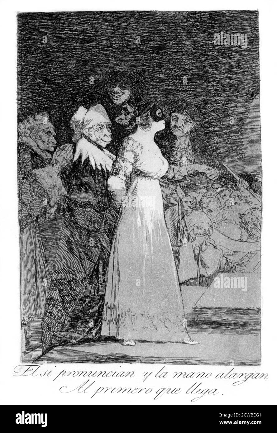 Dicono di sì e danno la mano al primo comer', 1799 artista: Francisco Goya. Piastra 2 di "Los Caprichos". Los Caprichos sono un set di 80 stampe in acquatint e acquaforte create dall'artista spagnolo Francisco Goya nel 1797 e nel 1798, e pubblicate come album nel 1799. Foto Stock