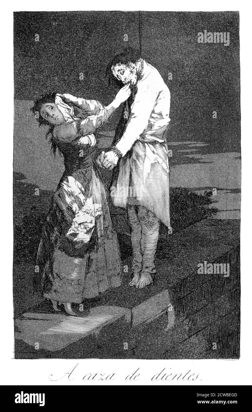 Out hunting for Teeth', 1799 artista: Francisco Goya. Piastra 12 di "Los Caprichos". Los Caprichos sono un set di 80 stampe in acquatint e acquaforte create dall'artista spagnolo Francisco Goya nel 1797 e nel 1798, e pubblicate come album nel 1799. Foto Stock