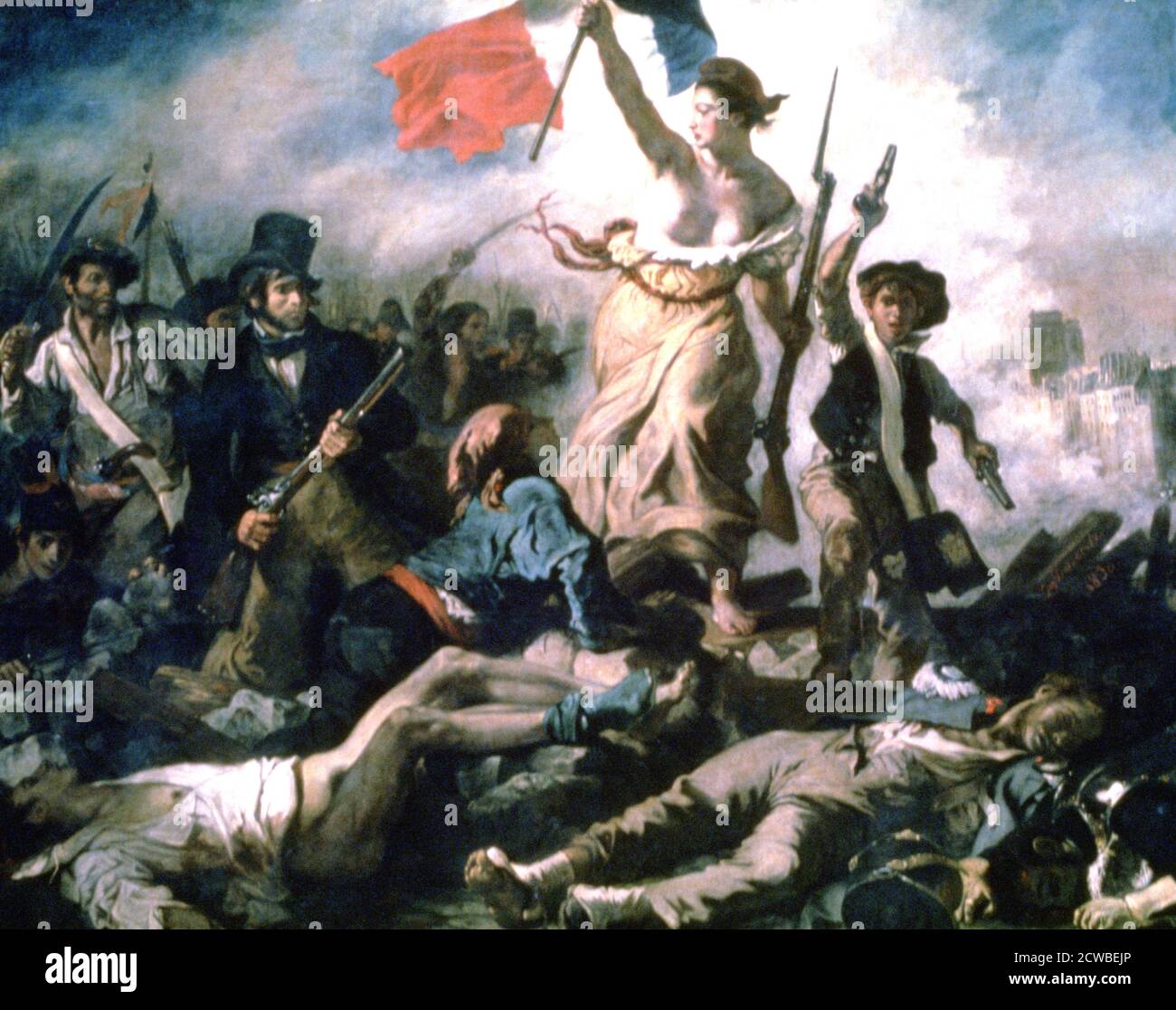 Liberty Leading the People', 1830 artista: Eugene Delacroix. Dipinto per commemorare la rivoluzione di luglio del 1830. Una donna che personifica la libertà conduce il popolo in avanti sopra i corpi dei caduti. Dal Louvre, Parigi. Foto Stock