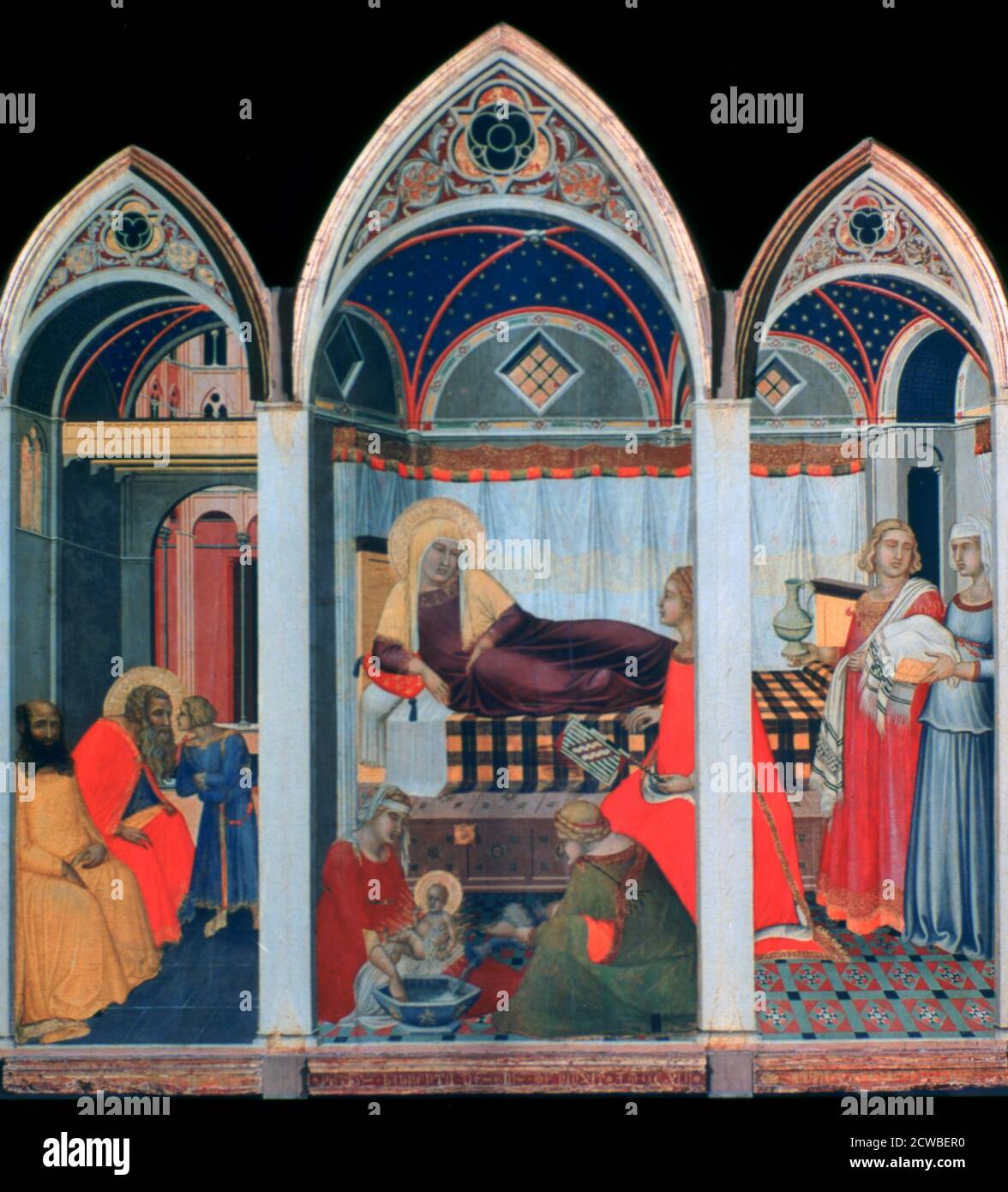 Nascita della Vergine, 1342. Artista: Pietro Lorenzetti. Pietro Lorenzetti (1280-1348) è stato un pittore italiano, attivo tra il 1306 e il 1345. Insieme al fratello minore Ambrogio, introdusse il naturalismo nell'arte senese Foto Stock