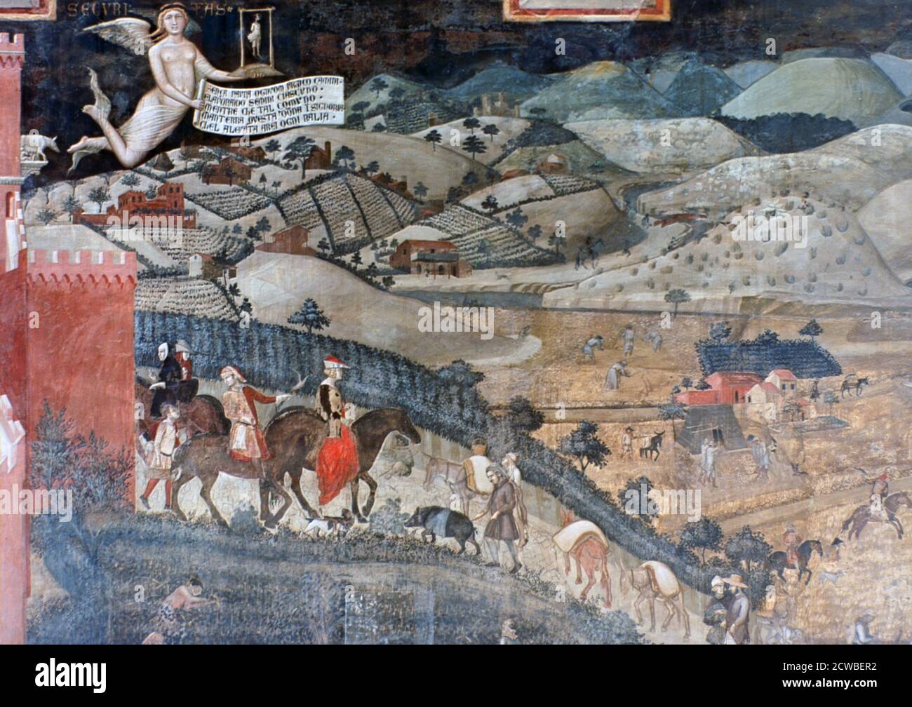 The Effects of Good Government in the Countryside', (dettaglio), 1338-1340 artista: Ambrogio Lorenzetti. Ambrogio Lorenzetti affrescò le pareti laterali della Sala dei Consigli (Sala dei nove) del Municipio (Palazzo pubblico) di Siena. Il soggetto degli affreschi è buono e cattivo Governo. Foto Stock