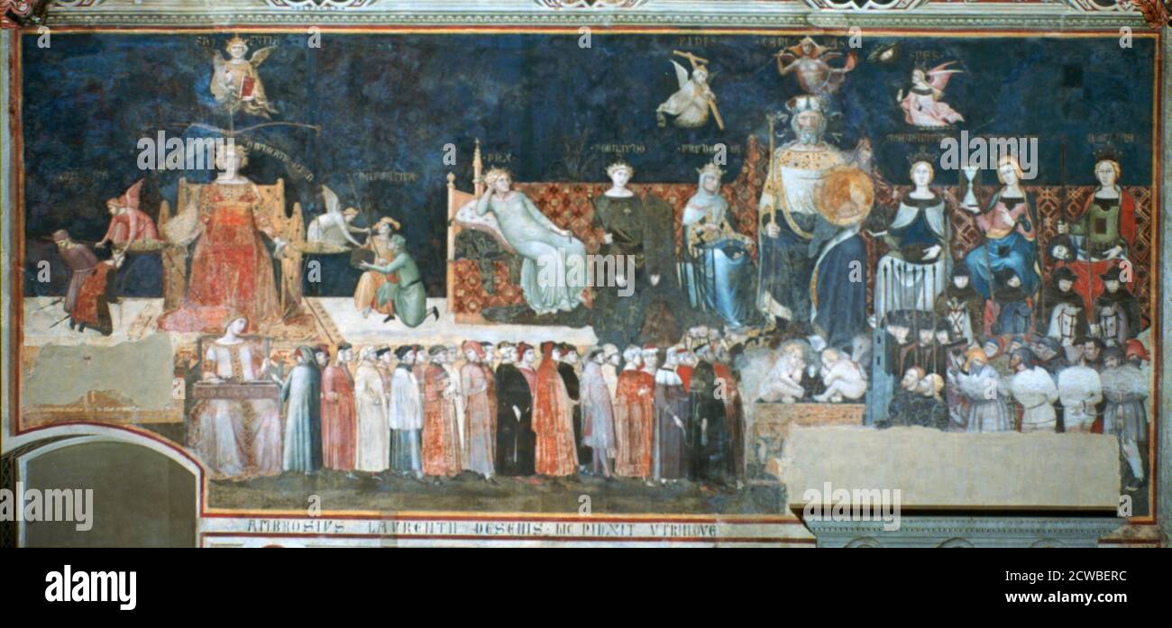 Allegoria del buon Governo', 1338-1340, artista: Ambrogio Lorenzetti. Lorenzetti affrescò le pareti laterali della Sala dei Consigli (Sala dei nove) del Municipio (Palazzo pubblico) di Siena. Il soggetto degli affreschi è buono e cattivo Governo. Foto Stock