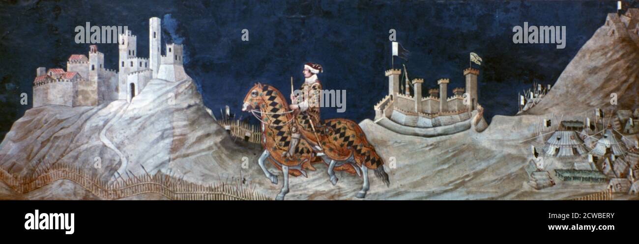 Commemorazione di Guidoriccio da Fogliano all'assedio di Montemassi, dalla Sala del Mappamondo', (dettaglio), 1328 artista: Simone Martini. Simone Martini è un pittore italiano nato a Siena. Fu una figura importante nello sviluppo della pittura italiana e influenzò notevolmente lo sviluppo dello stile gotico internazionale. Foto Stock