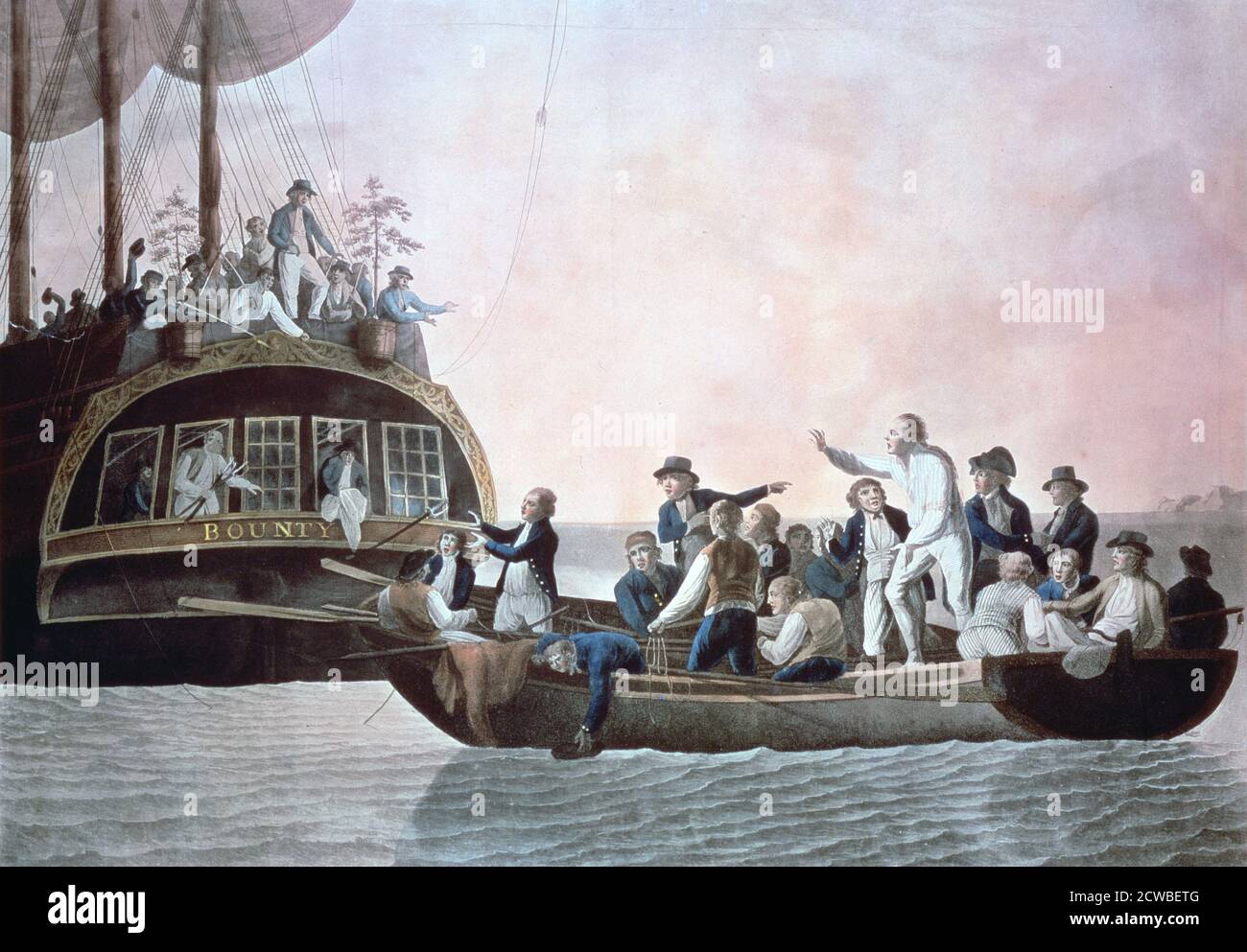 I mutanieri che girano Lieut Bligh e parte degli ufficiali e dell'equipaggio si sono distaccati dalla nave di sua Maestà il Bounty', 1790. Artista: Robert Dodd. Foto Stock