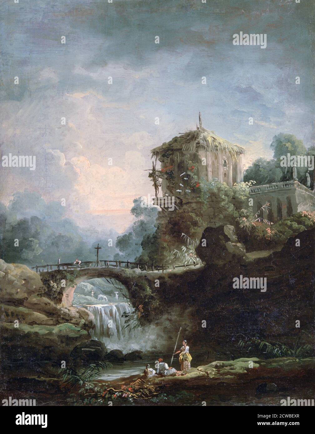 Landscape with Waterfall', c1750-1808, artista: Hubert Robert. Hubert Robert (1733-1808) è stato un pittore francese dell'epoca rococò. Foto Stock