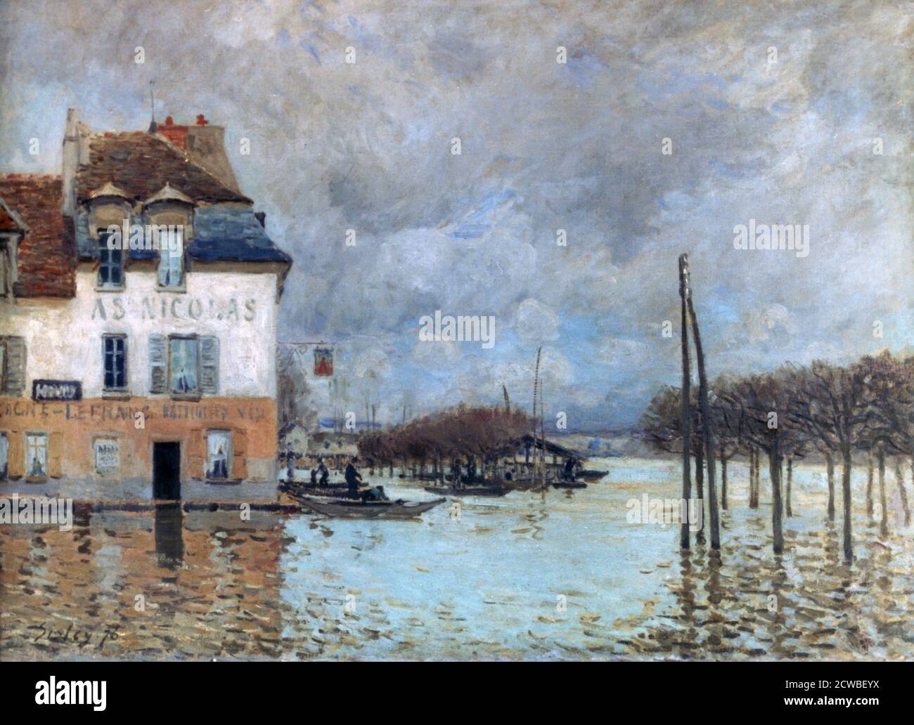 The Flood at Port-Marly', 1876. Artista: Alfred Sisley. Alfred Sisley è stato un pittore britannico di origine francese e membro fondatore dell'impressionismo. Foto Stock