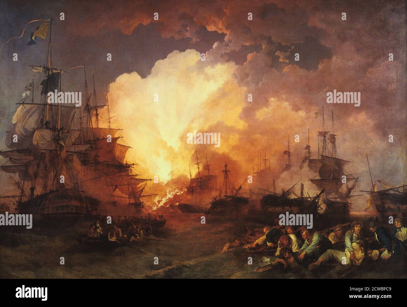 La battaglia del Nilo', 1798 agosto (1800) di J Philippe de Loutherbough. La battaglia fu combattuta di notte nella baia di Abu Qir vicino ad Alessandria. L'ammiraglio Lord Nelson trovò la flotta francese ancora e attaccò. Il culmine della battaglia è arrivato alle dieci di sera, quando la bandiera francese è esplosa, il momento mostrato qui. La vittoria assicurò il controllo britannico del Mediterraneo. Parte della collezione alla Tate Gallery, Londra. Foto Stock