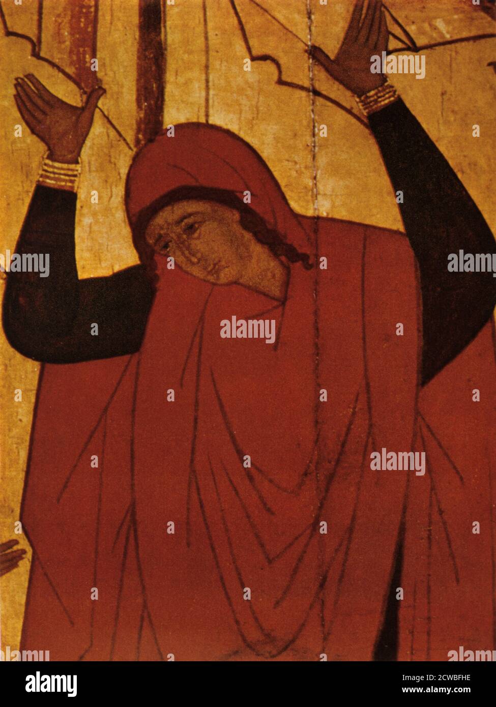 Dipinto a icone russo, che mostra una figura femminile in lutto. olio del xv secolo su pannello. Foto Stock