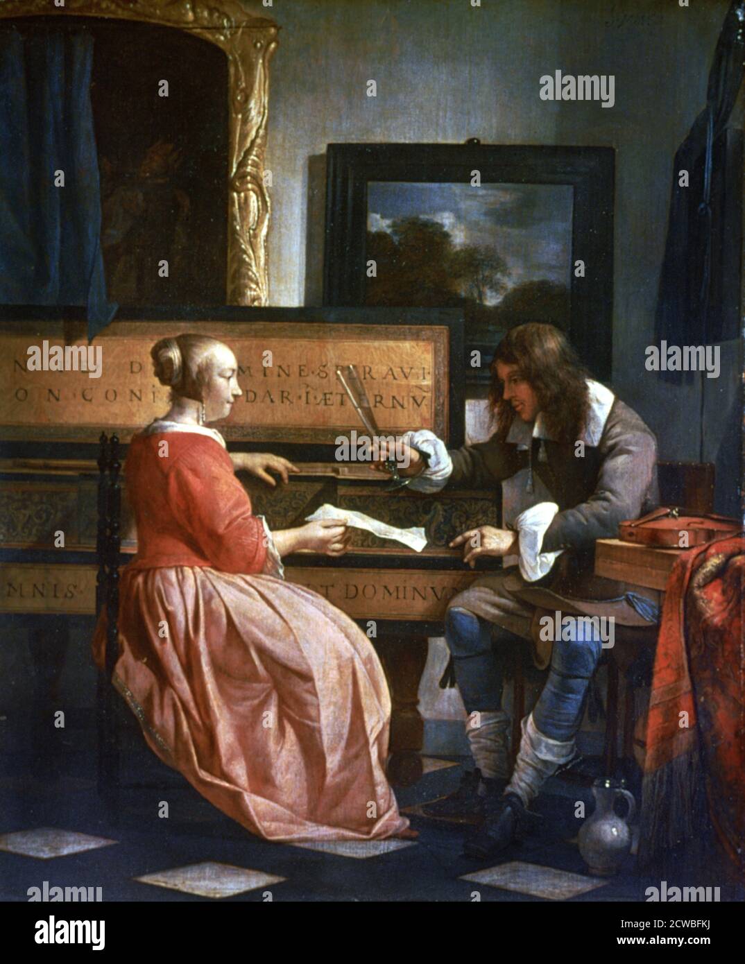 Un uomo e una donna seduti da un Virginal, c1649-1667. Artista: Gabriel Metsu. Gabriel Metsu (1629-1667) è stato un pittore olandese di pittura di storia, ancora vita, ritratti e opere di genere. Foto Stock