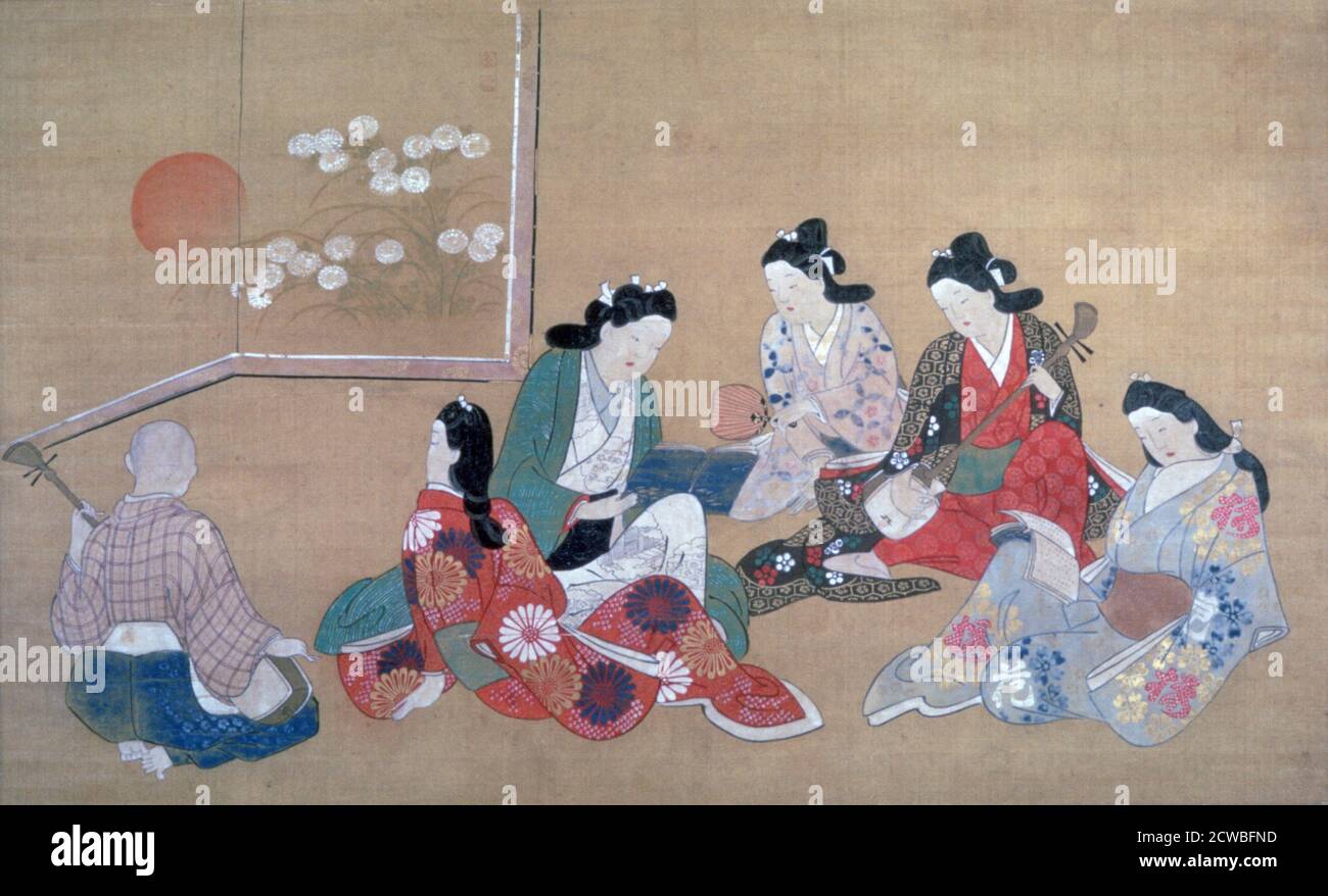 Musical Party', c1690. Artista: Hishikawa Moronobu. Hishikawa Moronobu (1618-1694) è stato un artista giapponese noto per aver reso popolare il genere ukiyo-e di stampe e dipinti a blocchi di legno alla fine del XVII secolo. Foto Stock
