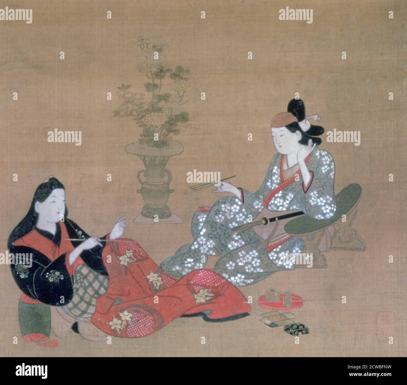 Cortigiana che intrattiene un attore, c1695. Artista: Furuyama Moroshige. Furuyama Moroshige fu un artista giapponese del XVII secolo, prevalente durante il periodo Edo. Foto Stock