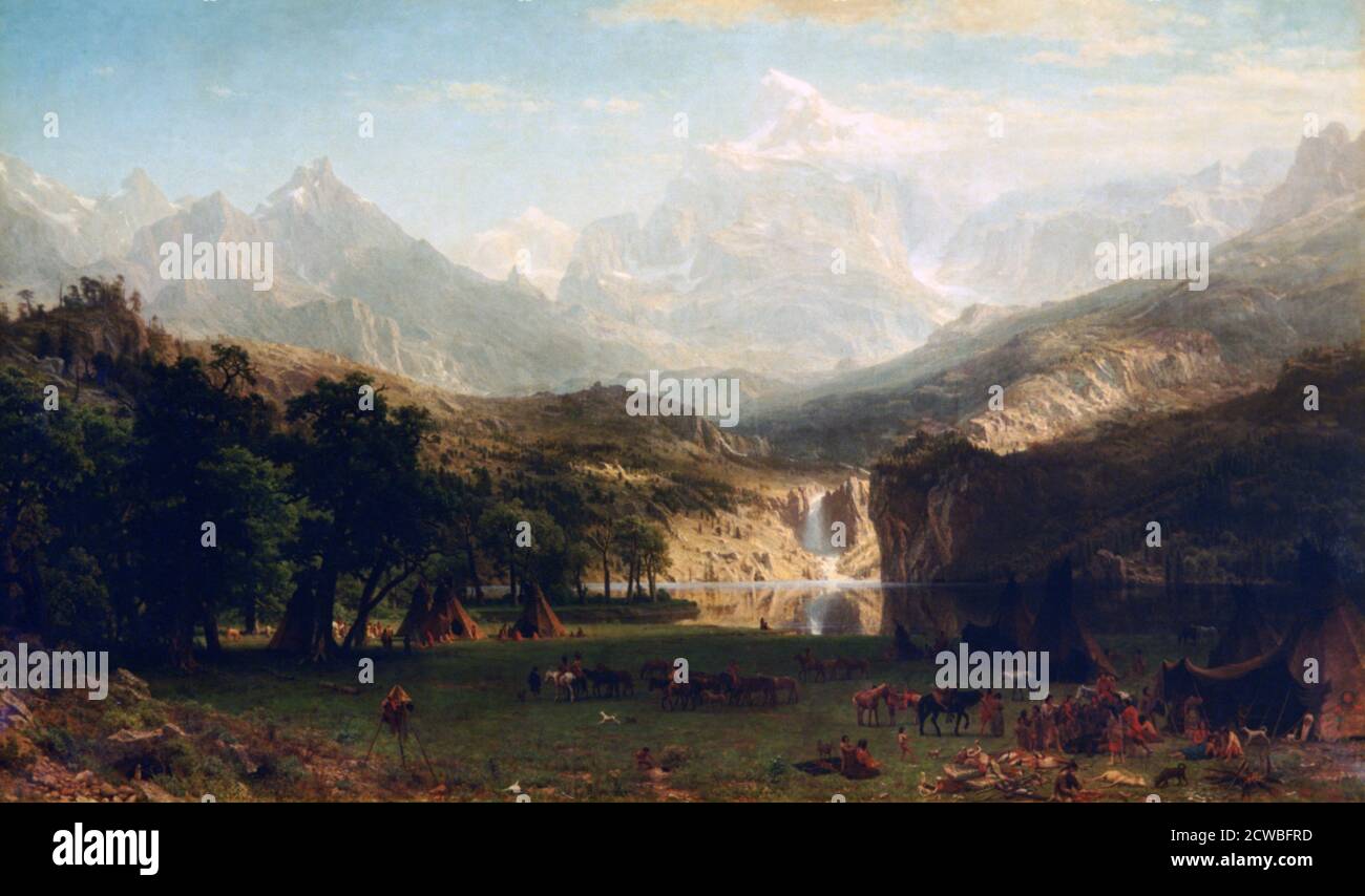 The Rocky Mountains, Lander's Peak', 1863. Artista: Albert Bierstadt. Albert Bierstadt (1830-1902) è stato un pittore tedesco-americano meglio conosciuto per i suoi paesaggi sontuosi e vandolosi dell'Occidente americano. Foto Stock