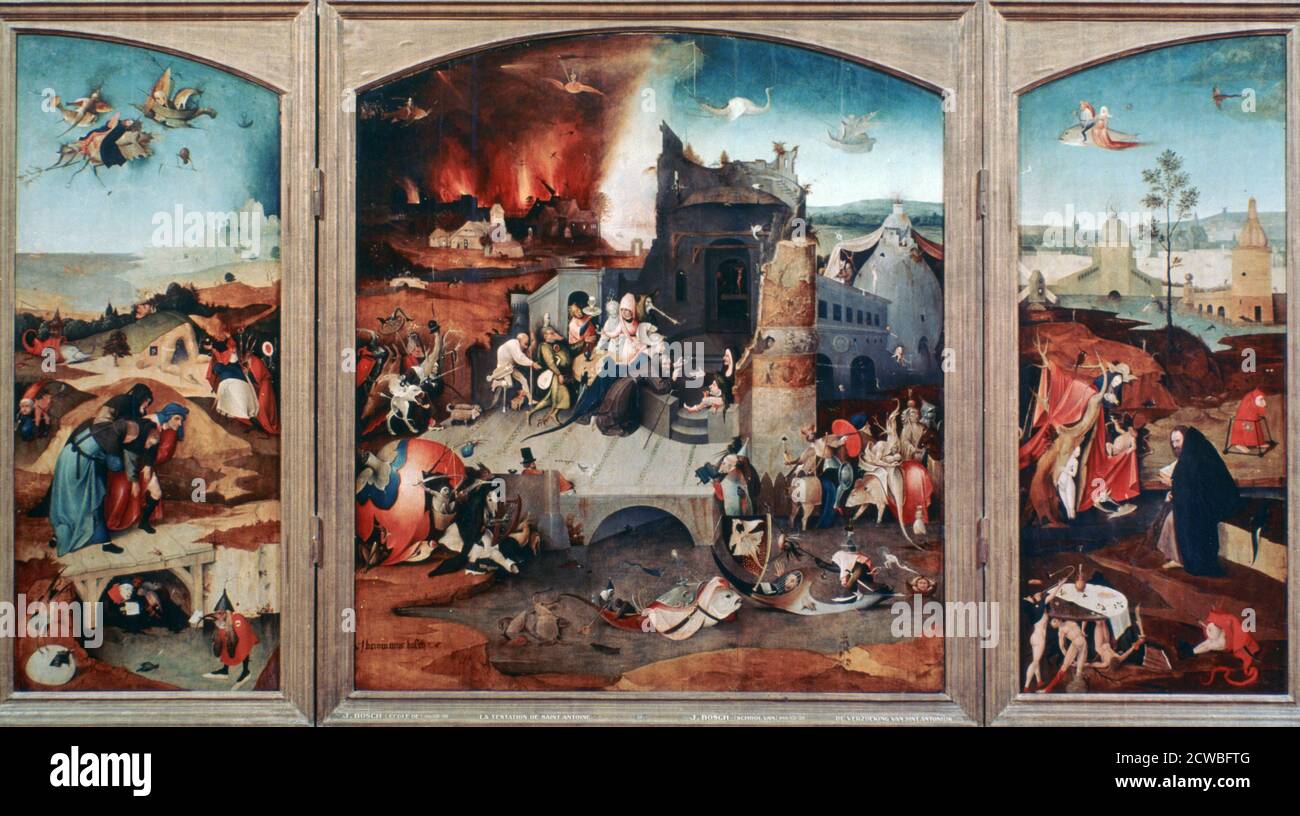 Trittico della tentazione di Sant'Antonio, c1480-1516. Artista: Hieronymus Bosch. Hieronymus Bosch è uno dei più notevoli artisti della scuola di pittura olandese. Il suo lavoro, costituito da olio su dipinti di legno, contiene fantastiche illustrazioni di concetti religiosi e narrazioni. Foto Stock