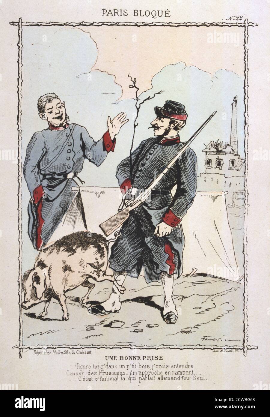 Une Bonne Prise', 1870-1871. Cartoon raffigurante una scena durante l'assedio prussiano di Parigi nella guerra franco-prussiana (1870-1871). Dopo la disastrosa sconfitta dei francesi a Sedan e la cattura di Napoleone III, i prussiani circondarono Parigi il 9 settembre 1870. La città ha tenuto fuori nonostante la carestia e le difficoltà grandi fino al 28 gennaio 1871. Da una serie intitolata Paris Bloque. Da una collezione privata. Foto Stock