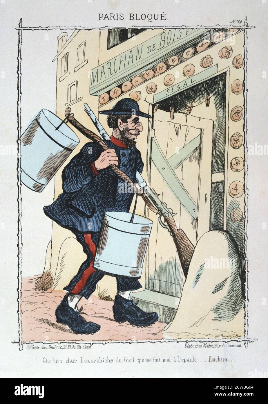 Parigi assediata, 1870-1871. Cartoon raffigurante una scena durante l assedio prussiano di Parigi nella guerra franco-prussiana (1870-1871). Dopo la disastrosa sconfitta dei Francesi a Sedan e la cattura di Napoleone III, i Prussiani circondato a Parigi il 9 settembre 1870. La città ha tenuto fuori nonostante la carestia e la grande disagio fino al 28 gennaio 1871. Da una serie intitolata Paris Bloque. Da una collezione privata. Foto Stock