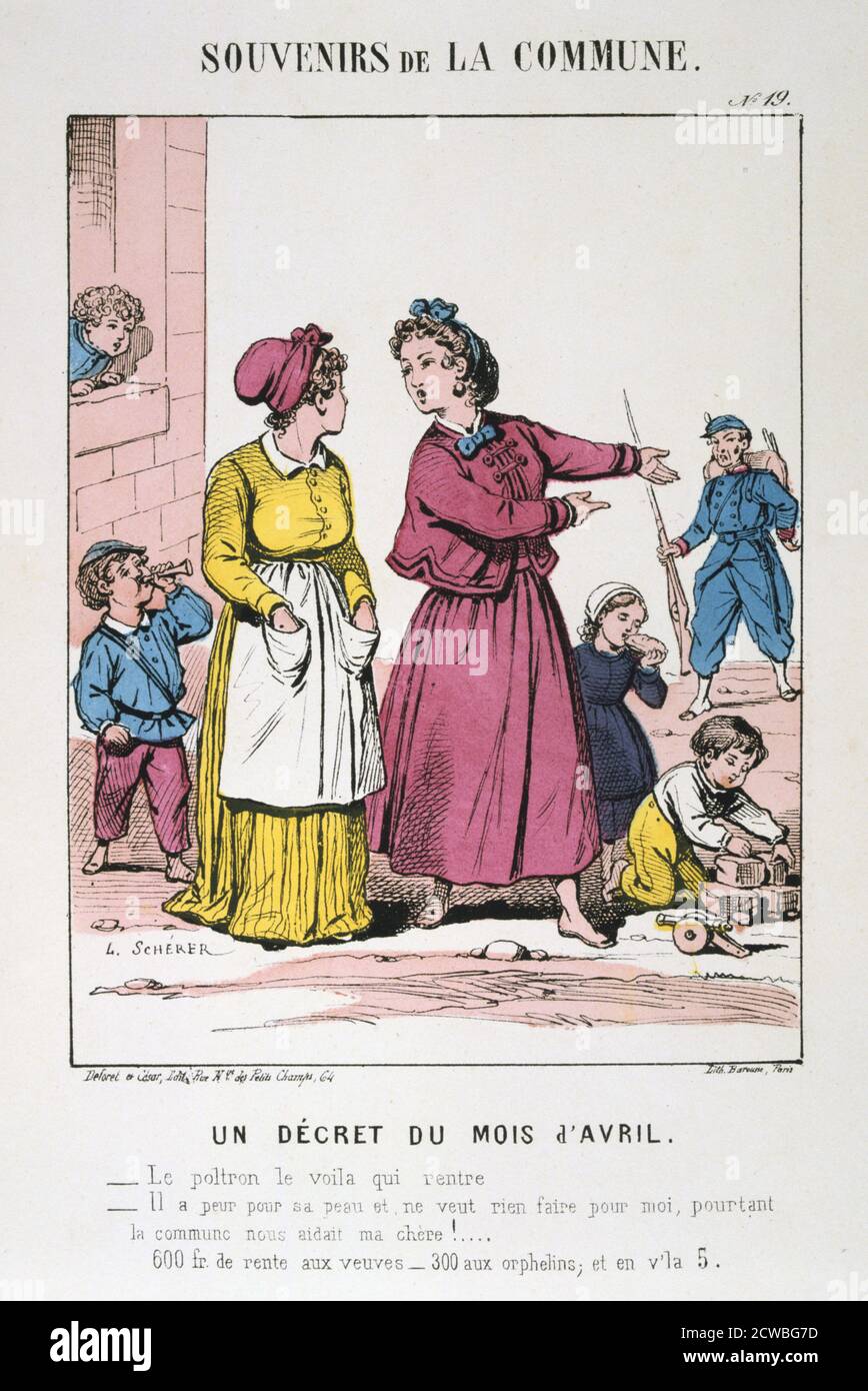 Comune di Parigi, 1871. Vignetta satirica da una serie intitolata Souvenir de la commune. La Comune di Parigi è stato stabilito quando i cittadini di Parigi, molti di loro armate guardie nazionali, si ribellò contro le politiche del governo conservatore formato dopo la fine della guerra franco-prussiana. La sinistra del regime comune regnava a Parigi per due mesi fino a quando le truppe del governo riprendeva la città di sanguinosi combattimenti nel maggio 1871. Gli eventi del Comune sono state fonte di ispirazione per Karl Marx così come più tardi dirigenti comunisti compresi Lenin, Trotsky e Mao. Da una collezione privata. Foto Stock