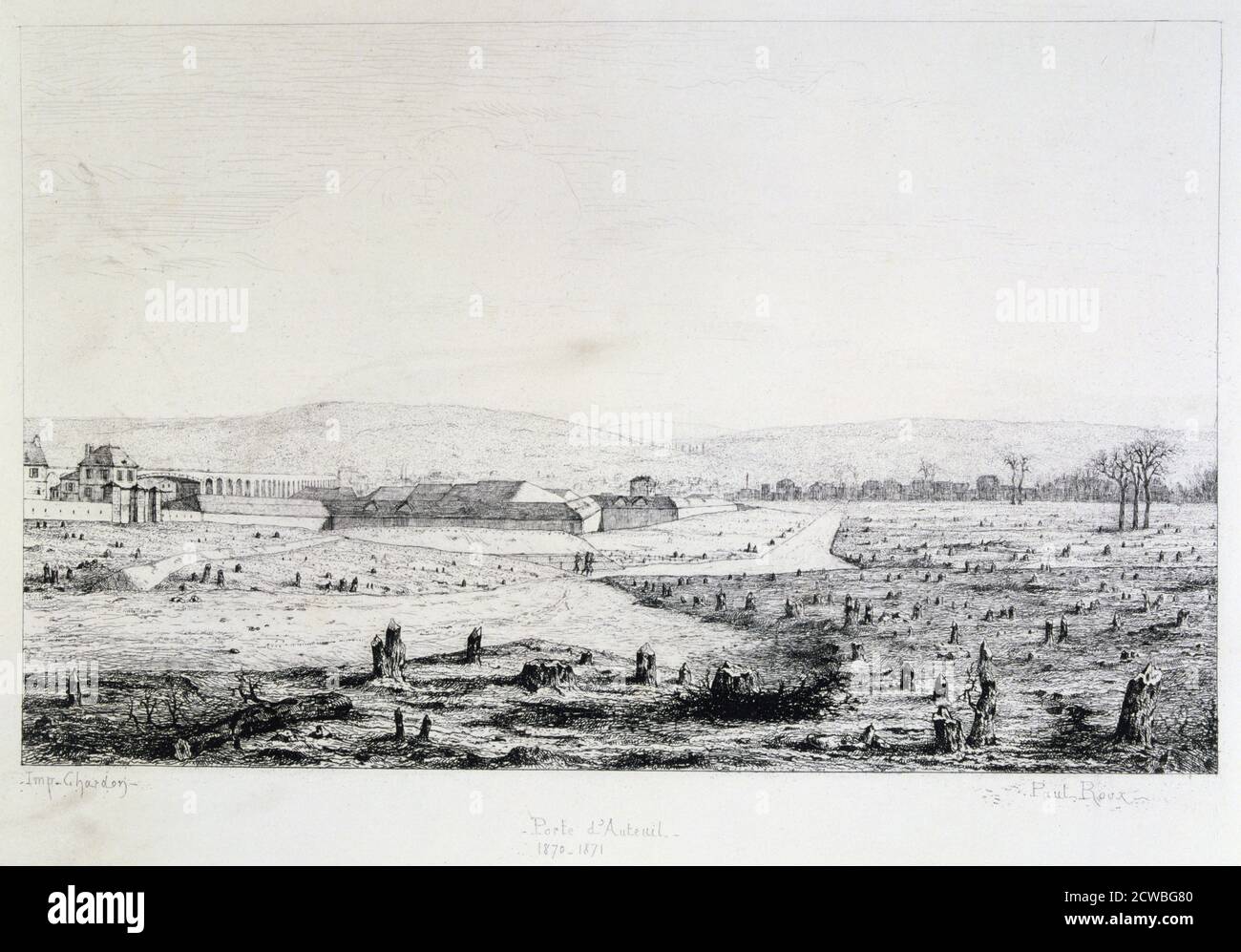 Porte d'Auteuil di Paul roux, assedio di Parigi, 1870-1871. Dopo la disastrosa sconfitta dei francesi a Sedan e la cattura di Napoleone III, i prussiani circondarono Parigi il 9 settembre 1870. Il comandante francese, il generale Trochu, inizialmente optò per una difesa statica basata sulle fortificazioni della città, piuttosto che cercare di rompere l'accerchiamento prussiano. I prussiani, nel frattempo, non avevano intenzione di invadere la città, contando su un blocco per costringere la sua capitolazione. Alla fine i francesi hanno fatto diversi tentativi di rompere, ma tutti hanno avuto successo. La città ha tenuto fuori nonostante f Foto Stock