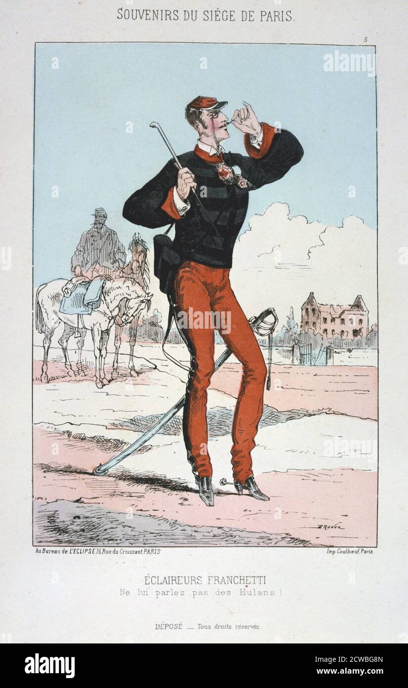 Eclaireurs Franchetti', assedio di Parigi, 1870-1871. Stampa da una serie intitolata Souvenirs du Siege de Paris. Dopo la disastrosa sconfitta dei francesi a Sedan e la cattura di Napoleone III, i prussiani circondarono Parigi il 9 settembre 1870. La città si tenne nonostante la carestia e le grandi difficoltà fino a quando un bombardamento con pesanti pistole d'assedio portò alla sua resa il 28 gennaio 1871. Da una collezione privata. Foto Stock