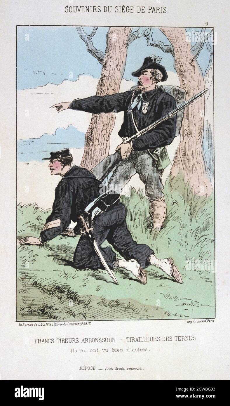 Francs Tireurs Arronsssohn - Tirailleurs des Ternes', assedio di Parigi, 1870-1871. Stampa da una serie intitolata Souvenirs du Siege de Paris. I frati tireur erano membri di unità di fanteria guerrigliera irregolari, molte delle quali sono state tratte dai club di tiro del fucile. Dopo la disastrosa sconfitta dei francesi a Sedan e la cattura di Napoleone III, i prussiani circondarono Parigi il 9 settembre 1870. La città si tenne nonostante la carestia e le grandi difficoltà fino a quando un bombardamento con pesanti pistole d'assedio portò alla sua resa il 28 gennaio 1871. Da una collezione privata. Foto Stock