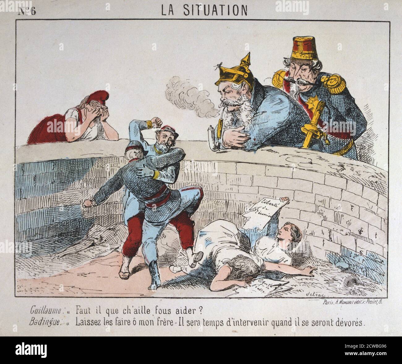 Cartoon, la Comune di Parigi, 1871. Guglielmo I e l'esiliato Napoleone III guardare i combattimenti durante la repressione della Comune di Parigi e decidere di non intervenire. Un sconvolto Marianne non riesce a sopportare di guardare. Da una collezione privata. Foto Stock
