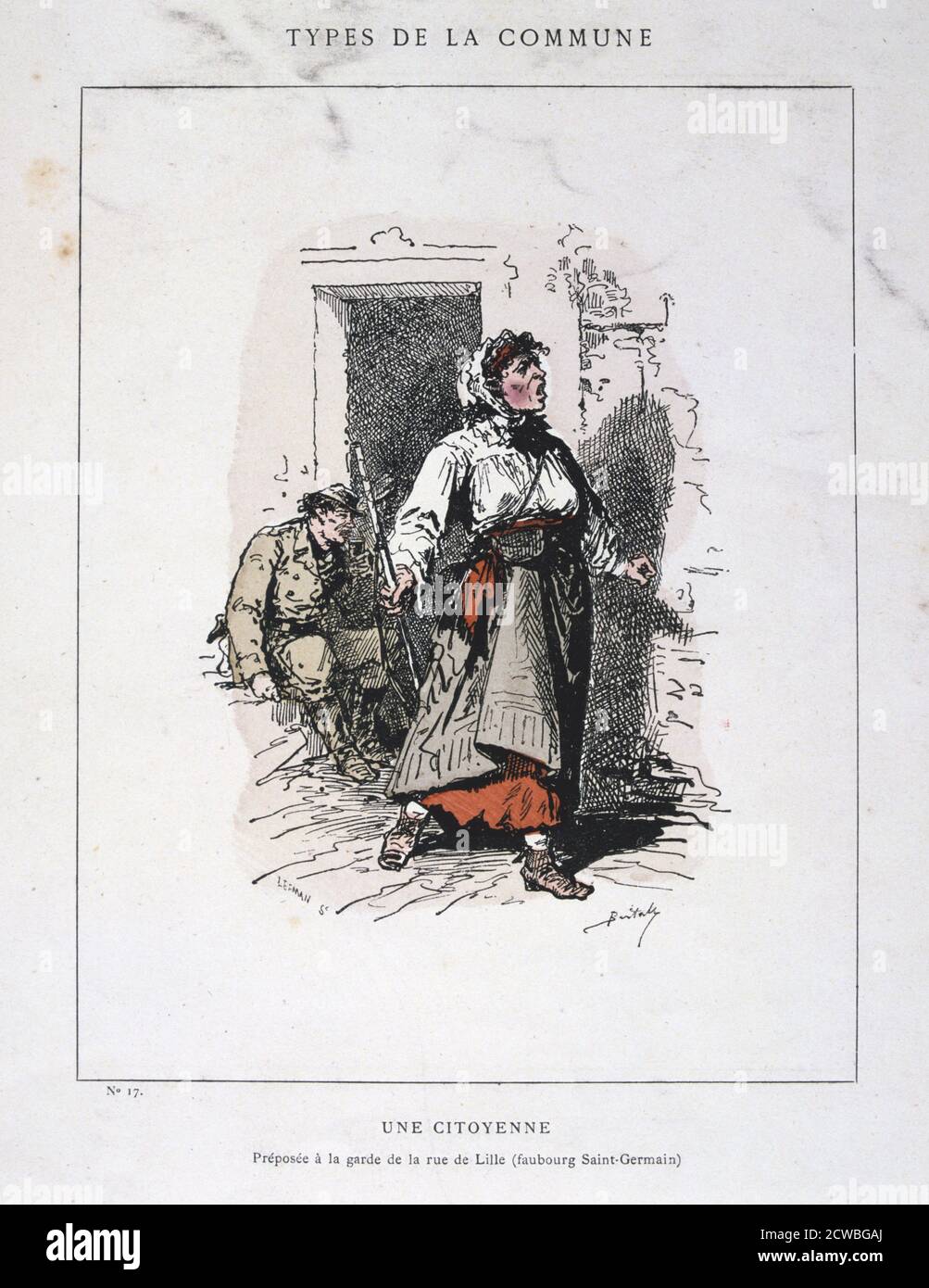 Une Citoyenne', comune di Parigi, 1871. Cartoon da una serie intitolata Types de la commune. La comune di Parigi fu istituita quando i cittadini di Parigi, molti dei quali armati di guardie nazionali, si ribellarono contro le politiche del governo conservatore formatesi dopo la fine della guerra franco-prussiana. Il regime di sinistra della comune ha tenuto un'oscillazione a Parigi per due mesi fino a quando le truppe governative hanno riagganciato la città in sanguinosi combattimenti nel maggio 1871. Gli eventi della comune furono fonte d'ispirazione per Karl Marx e per i successivi leader comunisti, tra cui Lenin, Trotsky e Mao. Da una collezione privata. Foto Stock