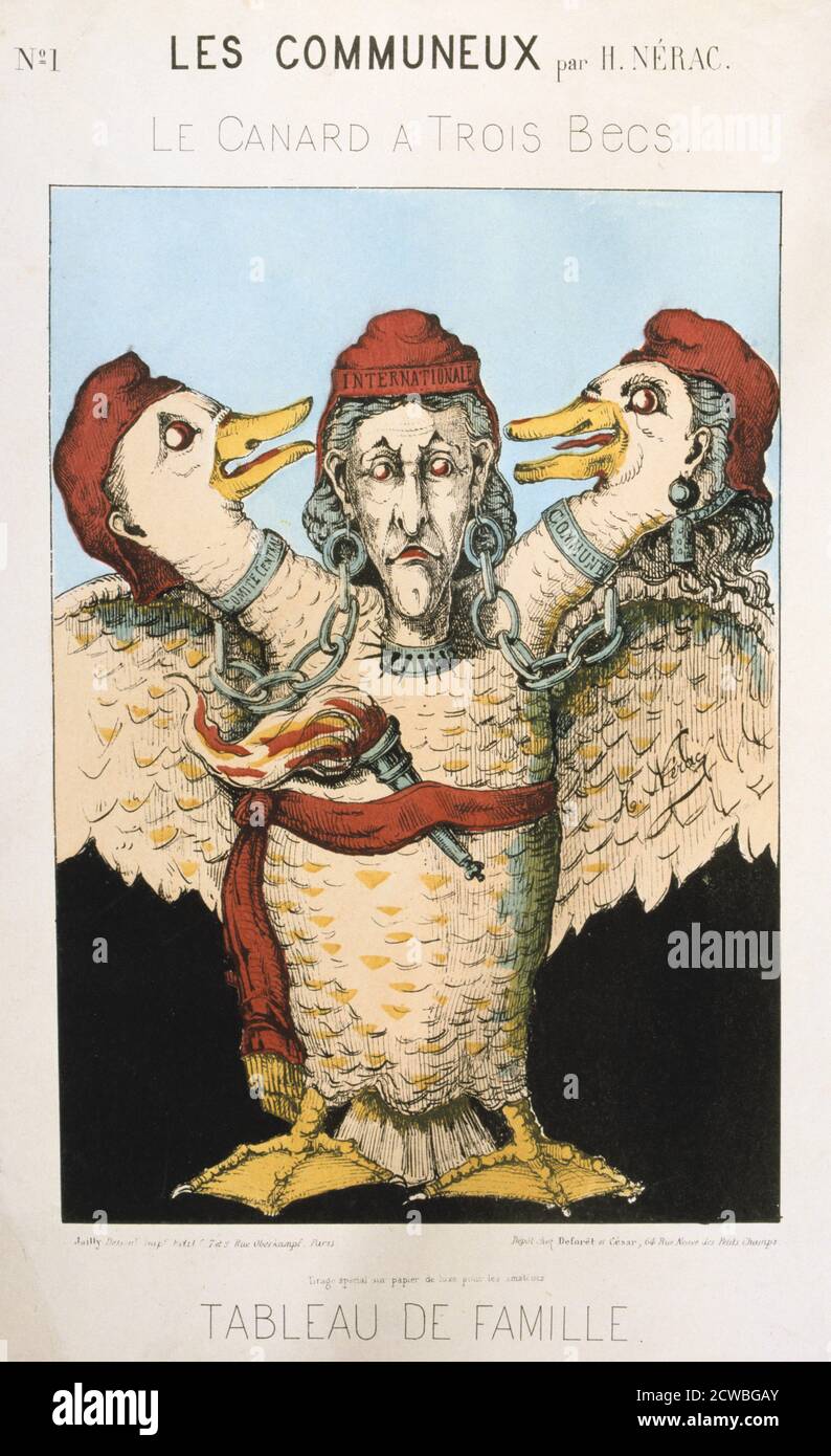 Le Canard a Trois Becs', fumetto relativo al comune di Parigi, da h nerac, 1871. La comune di Parigi fu istituita quando i cittadini di Parigi, molti dei quali armati di guardie nazionali, si ribellarono contro le politiche del governo conservatore formatesi dopo la fine della guerra franco-prussiana. Il regime di sinistra della comune ha tenuto un'oscillazione a Parigi per due mesi fino a quando le truppe governative hanno riagganciato la città in sanguinosi combattimenti nel maggio 1871. Gli eventi della comune furono fonte d'ispirazione per Karl Marx e per i successivi leader comunisti, tra cui Lenin, Trotsky e Mao. Da una serie intitolata Les Communeux. Da Foto Stock