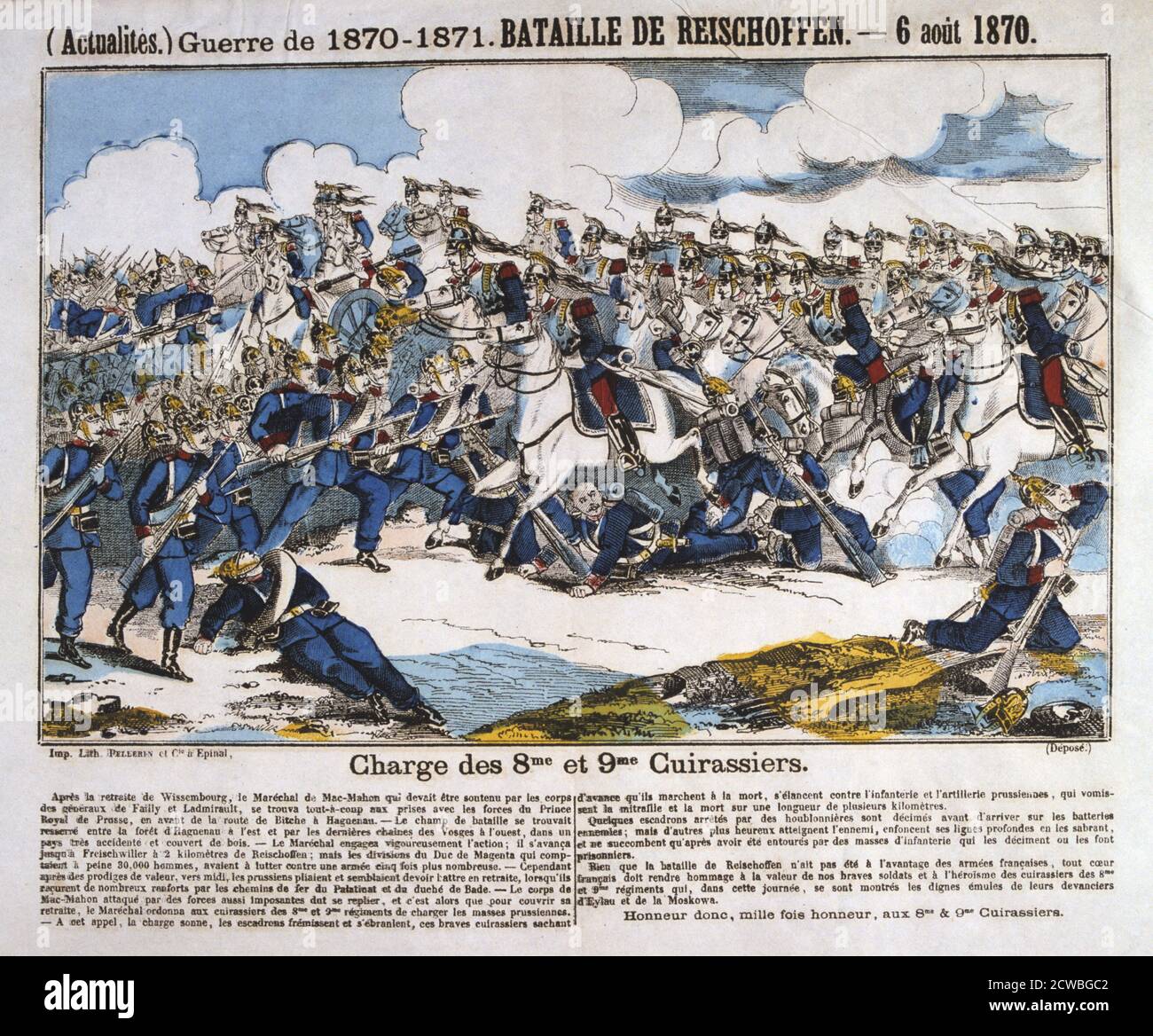Battaglia di Reichshoffen, guerra franco-prussiana, 6 agosto 1870. La carica del francese ottavo e nono cuirassiers. La battaglia di Reichshoffen (battaglia di vale la pena), il primo grande impegno della guerra, si è conclusa in un fallimento per il francese, con 700 cuirassiers ucciso da distanza ravvicinata incendio in una contro-attacco al villaggio di Morsbronn. Da una collezione privata. Foto Stock