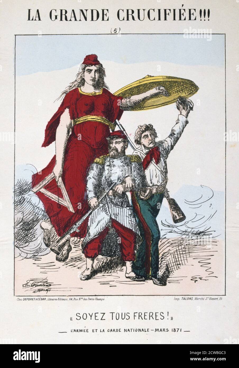 Soyez les Freres!', allegoria della Francia repubblicana, di e courtaux 1871. Cartoon di una serie dal titolo la Grande Crucifiee!!! Raffigurante Marianne come repubblicana Francia. Qui marciò dietro due uomini che rappresentano l'esercito francese e la Guardia Nazionale, compagni durante l'assedio prussiano di Parigi che diventerebbe nemici quando il governo francese lanciò la sua soppressione della comune di Parigi nel maggio 1871. Da una collezione privata. Foto Stock