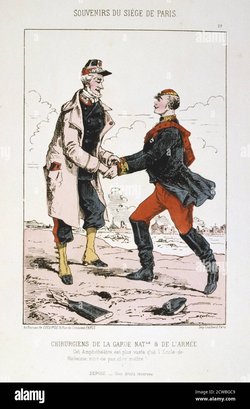 Chirugiens de la Garde Nationale et de l'Armee', assedio di Parigi, guerra franco-prussiana, 1870-1871. Un paio di chirurghi militari si salutano a vicenda. Dopo la disastrosa sconfitta dei francesi a Sedan e la cattura di Napoleone III, i prussiani circondarono Parigi il 9 settembre 1870. La città si tenne nonostante la carestia, la malattia e il freddo fino a quando un bombardamento con pesanti pistole d'assedio portò alla sua resa il 28 gennaio 1871. Stampa da una serie intitolata Souvenirs du Siege de Paris. Da una collezione privata. Foto Stock