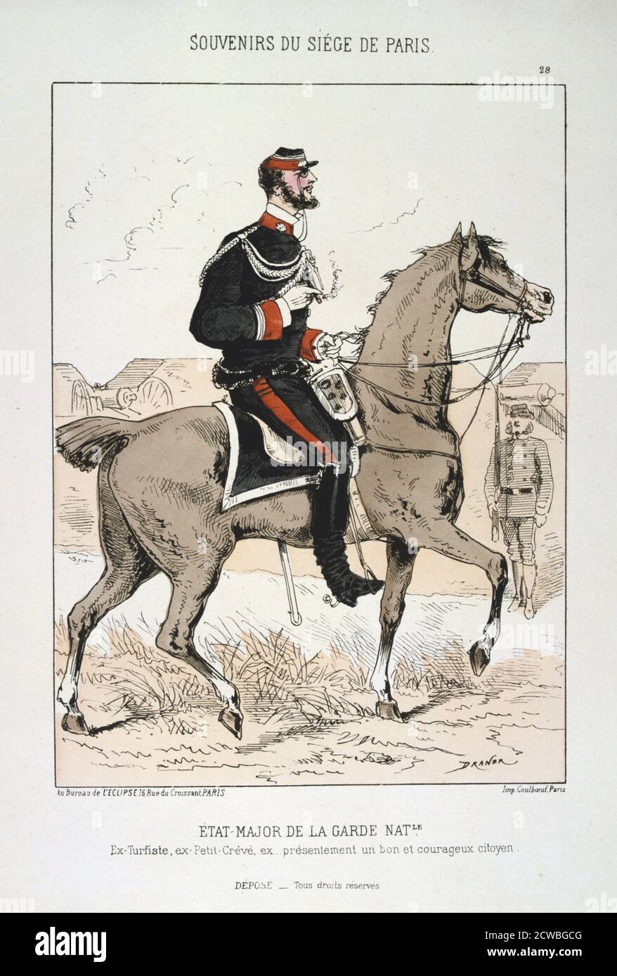Etat Major de la Garde Nationale', assedio di Parigi, guerra franco-prussiana, 1870-1871. Un guardista nazionale arroccato dall'aspetto aristocratico. Dopo la disastrosa sconfitta dei francesi a Sedan e la cattura di Napoleone III, i prussiani circondarono Parigi il 9 settembre 1870. La città si tenne nonostante la carestia, la malattia e il freddo fino a quando un bombardamento con pesanti pistole d'assedio portò alla sua resa il 28 gennaio 1871. La Guardia Nazionale (Garde Nationale) è stata reclutata dalla cittadinanza di Parigi per difendere la città da qualsiasi attacco prussiano durante il periodo dell'assedio. Erano strumentali nel rovesciamento di Foto Stock
