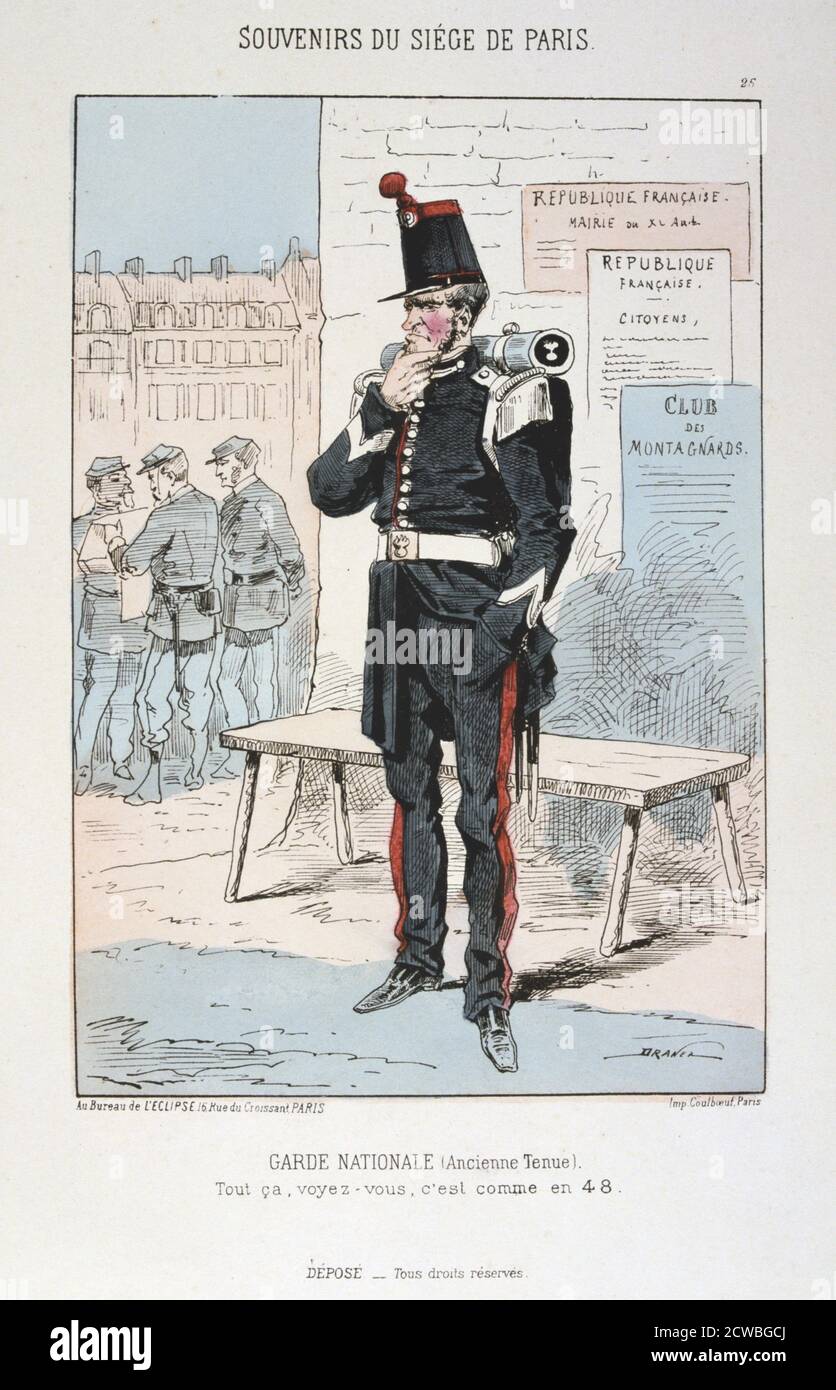 Garde Nationale (ancien tenue)', assedio di Parigi, guerra franco-prussiana, 1870-1871. Dopo la disastrosa sconfitta dei francesi a Sedan e la cattura di Napoleone III, i prussiani circondarono Parigi il 9 settembre 1870. La città si tenne nonostante la carestia, la malattia e il freddo fino a quando un bombardamento con pesanti pistole d'assedio portò alla sua resa il 28 gennaio 1871. La Guardia Nazionale (Garde Nationale) è stata reclutata dalla cittadinanza di Parigi per difendere la città da qualsiasi attacco prussiano durante il periodo dell'assedio. Essi sono stati strumentali nel rovesciamento del governo repubblicano nel marzo 1871 e l'estab Foto Stock