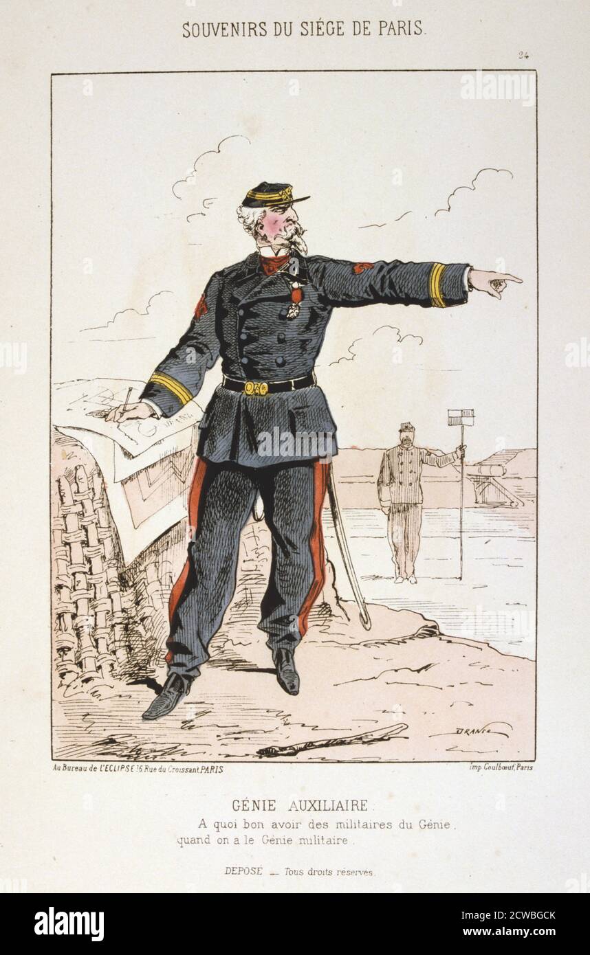 Genie auxiliaire', assedio di Parigi, guerra franco-prussiana, 1870-1871. Dopo la disastrosa sconfitta dei francesi a Sedan e la cattura di Napoleone III, i prussiani circondarono Parigi il 9 settembre 1870. La città si tenne nonostante la carestia, la malattia e il freddo fino a quando un bombardamento con pesanti pistole d'assedio portò alla sua resa il 28 gennaio 1871. Stampa da una serie intitolata Souvenirs du Siege de Paris. Da una collezione privata. Foto Stock